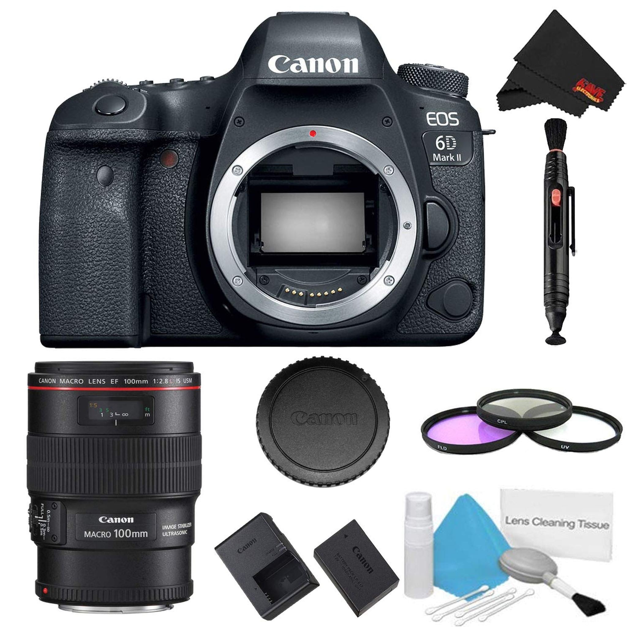 Canon EOS 6D Mark II DSLR Camera Body Only 3 Piece Filter Bundle + Bonus EF 100mm f/2.8L Macro is USM Lens - Internati Canon