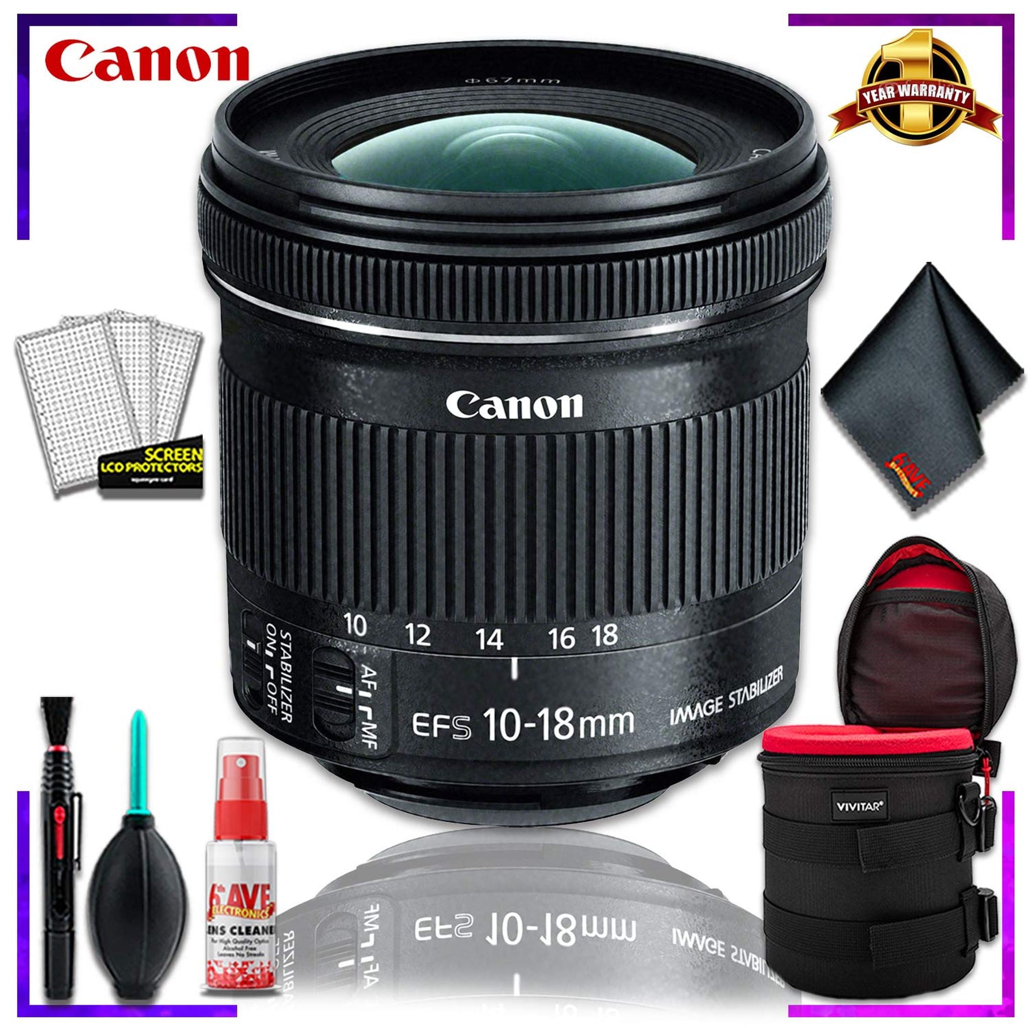 Canon EF-S 10-18mm f.4.5-5.6 is STM Lens International Model + 4.5 inch Vivitar Premium Lens Case + Cleaning Kit Canon