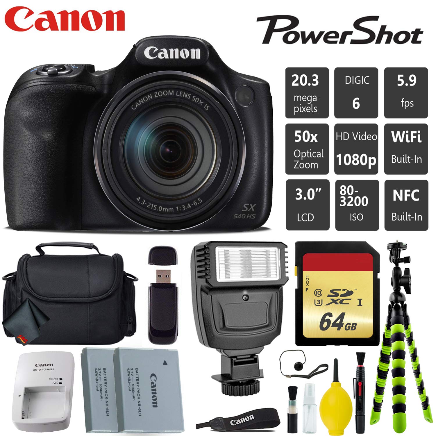 Canon PowerShot SX540 HS Digital Point and Shoot 20MP Camera + Extra Battery + Digital Flash + Camera Case + 64GB Class Canon