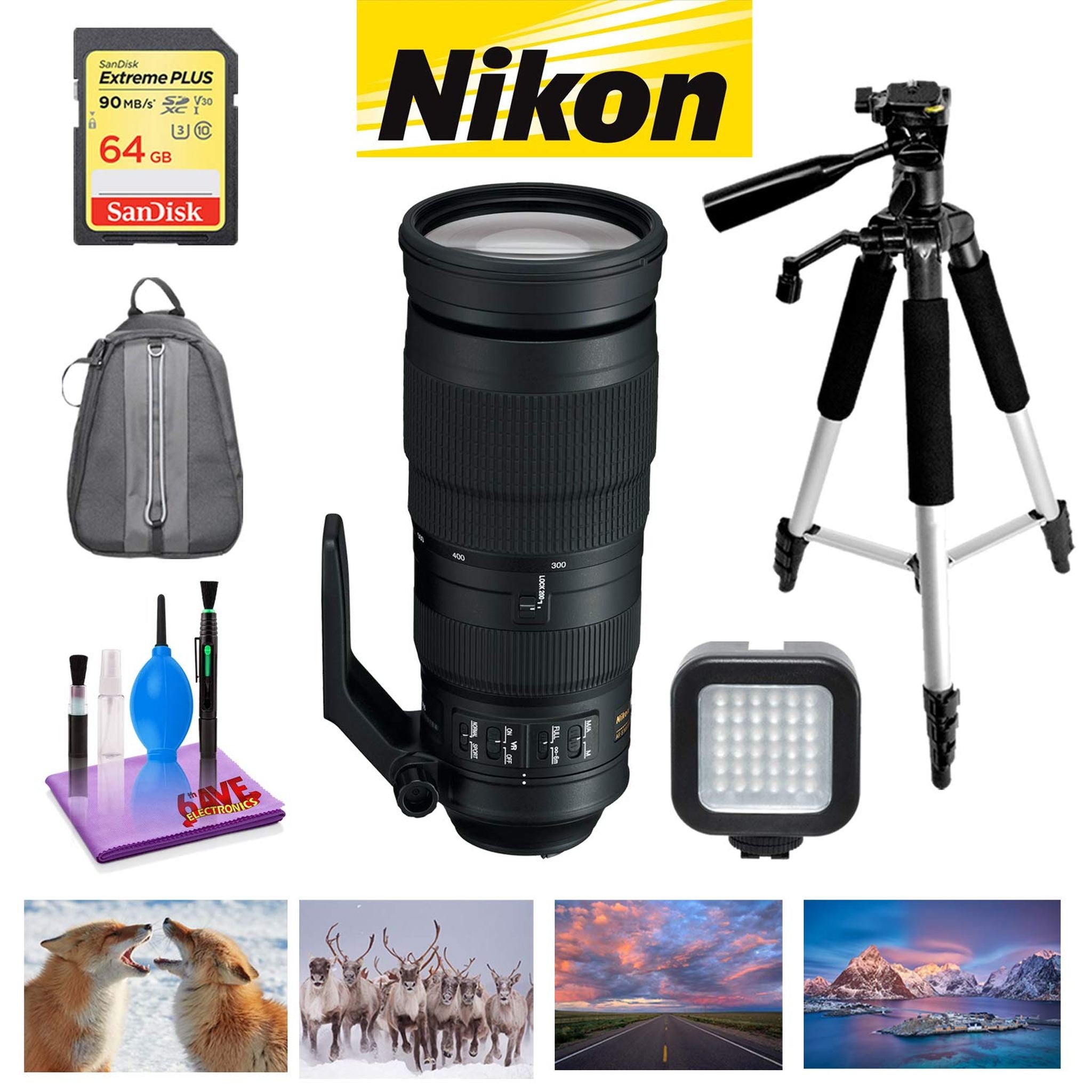 Nikon AF-S NIKKOR 200-500mm f/5.6E ED VR Lens with Sandisk 64GB Memory, Portable LED Light, and Deluxe Padded Backpack Nikon