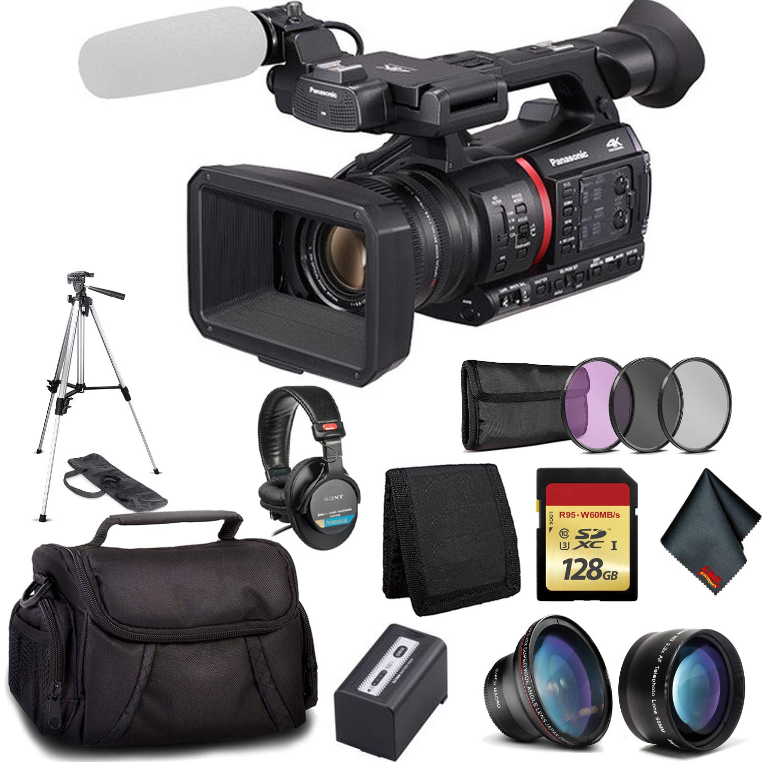 Panasonic AG-CX350 4K Camcorder - Bundle Kit with 128GB Memory Card+ 3 Pc Filter Kit + Wide Angle Lens + Telephoto Lens+ Panasonic