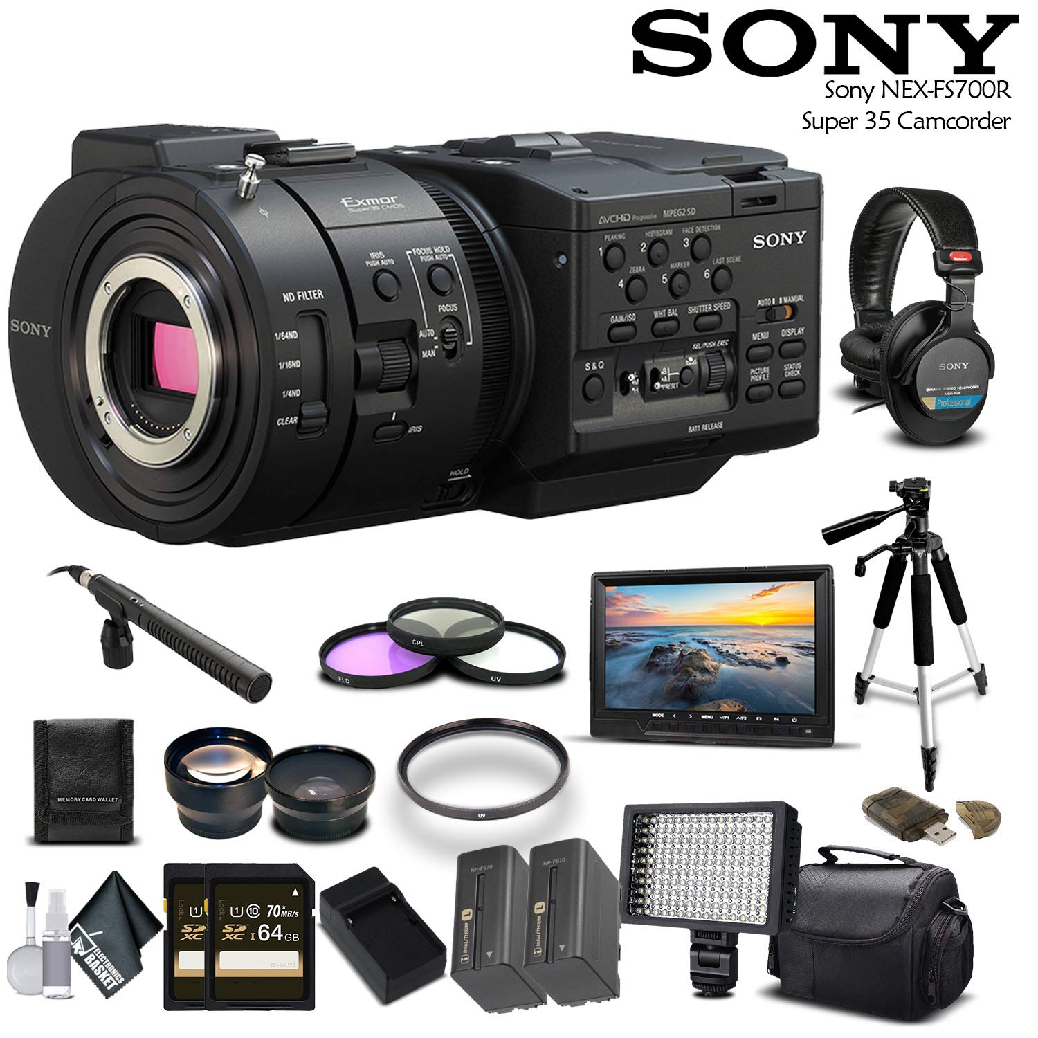 Sony NEX-FS700R Super 35 Camcorder Intl Model With 2 -64GB Cards, 2 Extra Batteries, LED Light, Case, Tripod, Rode Mic, External Screen Bundle Sony