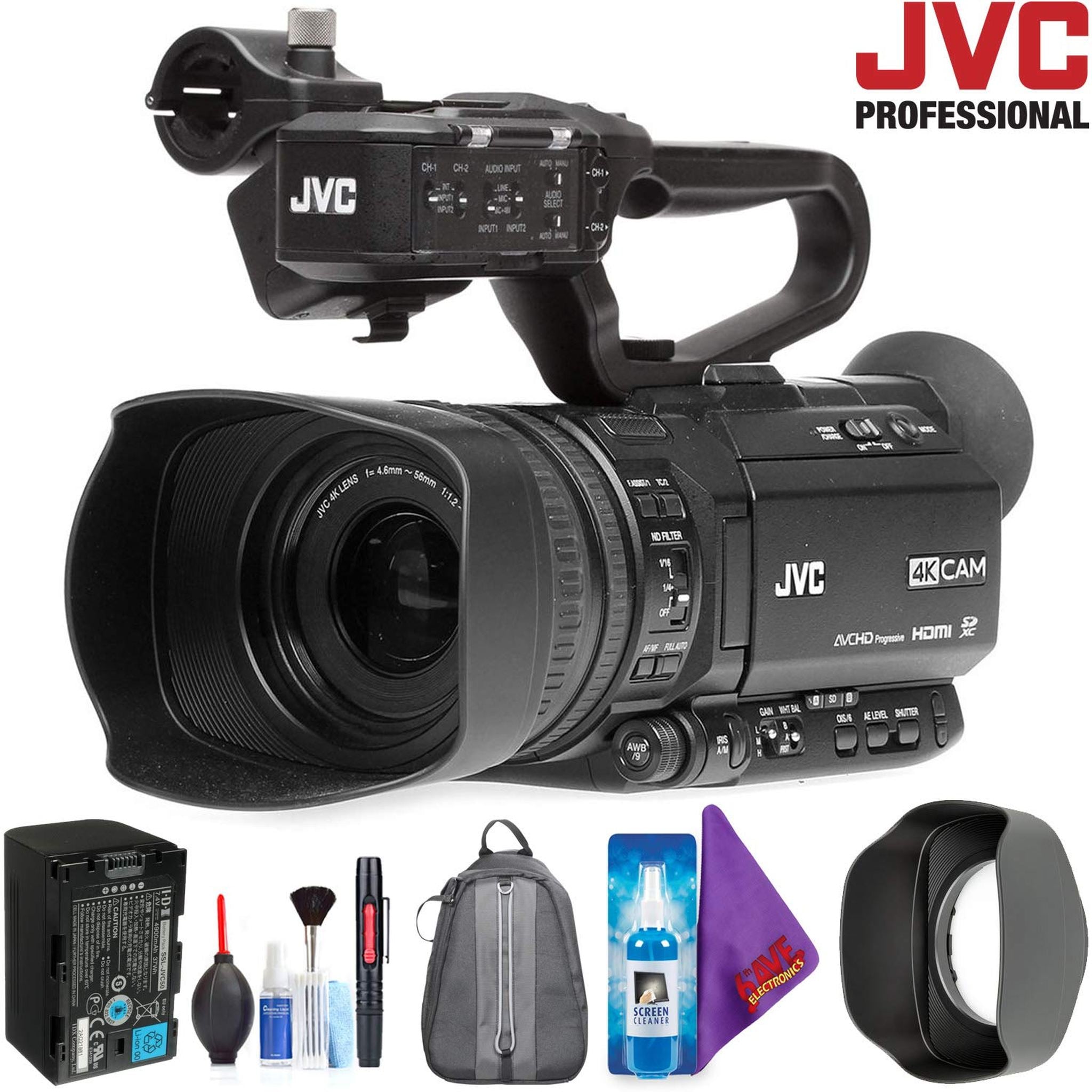 JVC GY-HM250 UHD 4K Streaming Camcorder with Built-in Lower-Thirds Graphics + Pro Accessories Bundle JVC