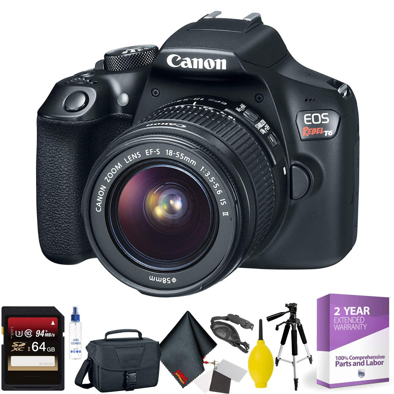 Canon EOS Rebel T6 DSLR Camera with 18-55mm Lens + 64GB Memory Card + Mega Accessory Kit + 1 Year Warranty Bundle Canon