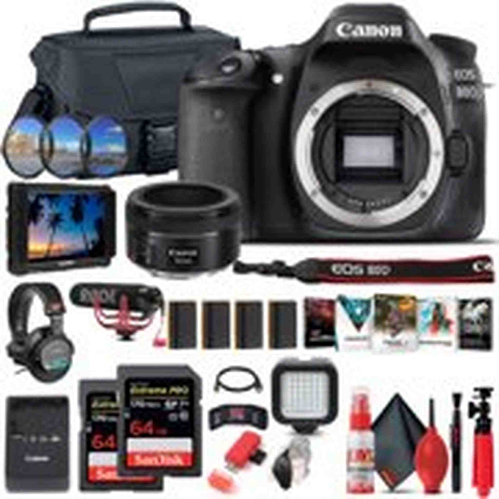 Canon EOS 80D DSLR Camera 1263C004 + 4K Monitor + Canon EF 50mm + More Canon