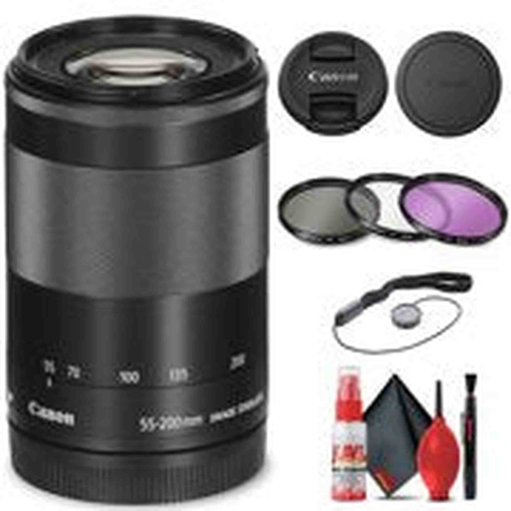 Canon EF-M 55-200mm f/4.5-6.3 IS STM Lens Black 9517B002 + Filter Kit Base Bundle Canon