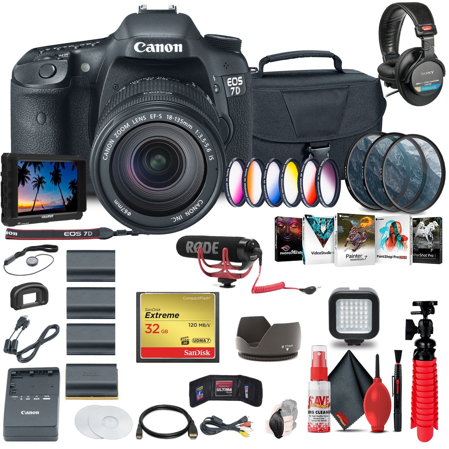 Canon EOS 7D DSLR Camera with 18-135mm Kit 3814B016 + 4K Monitor + Mic + More Canon