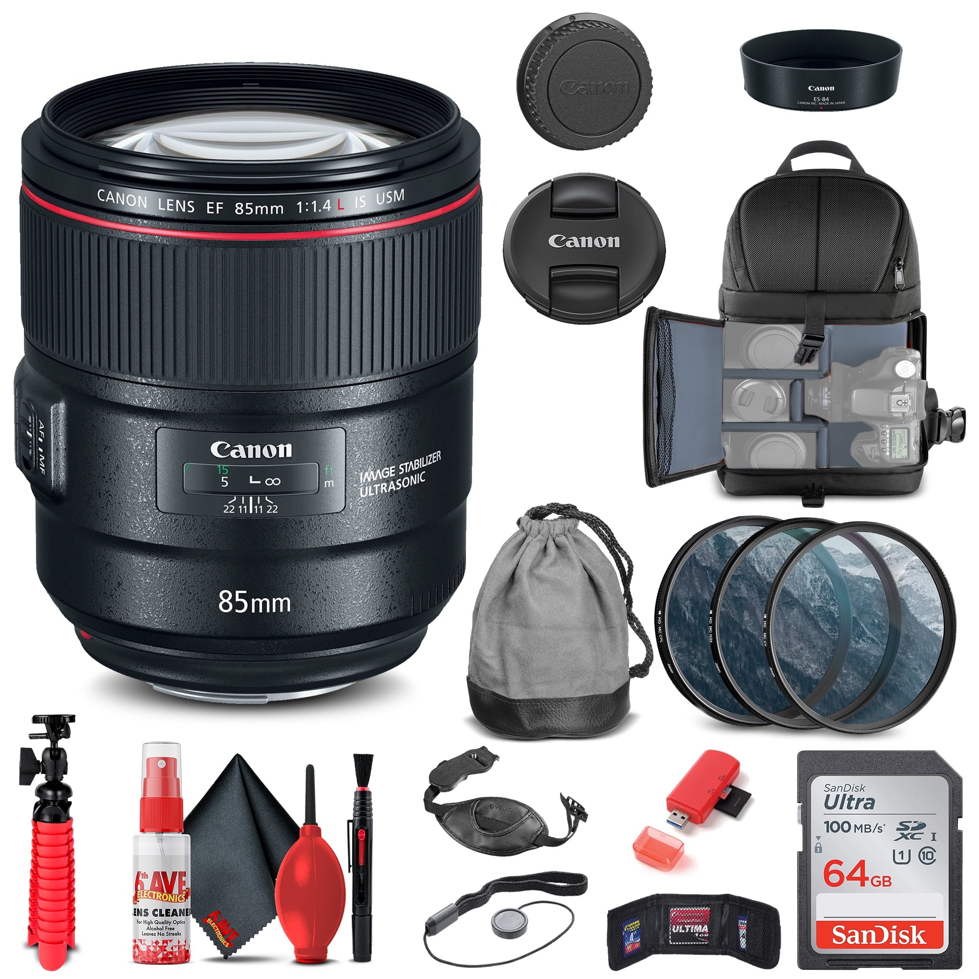 Canon EF 85mm f/1.4L IS USM Lens 2271C002 + Filter Kit + BackPack + More Canon