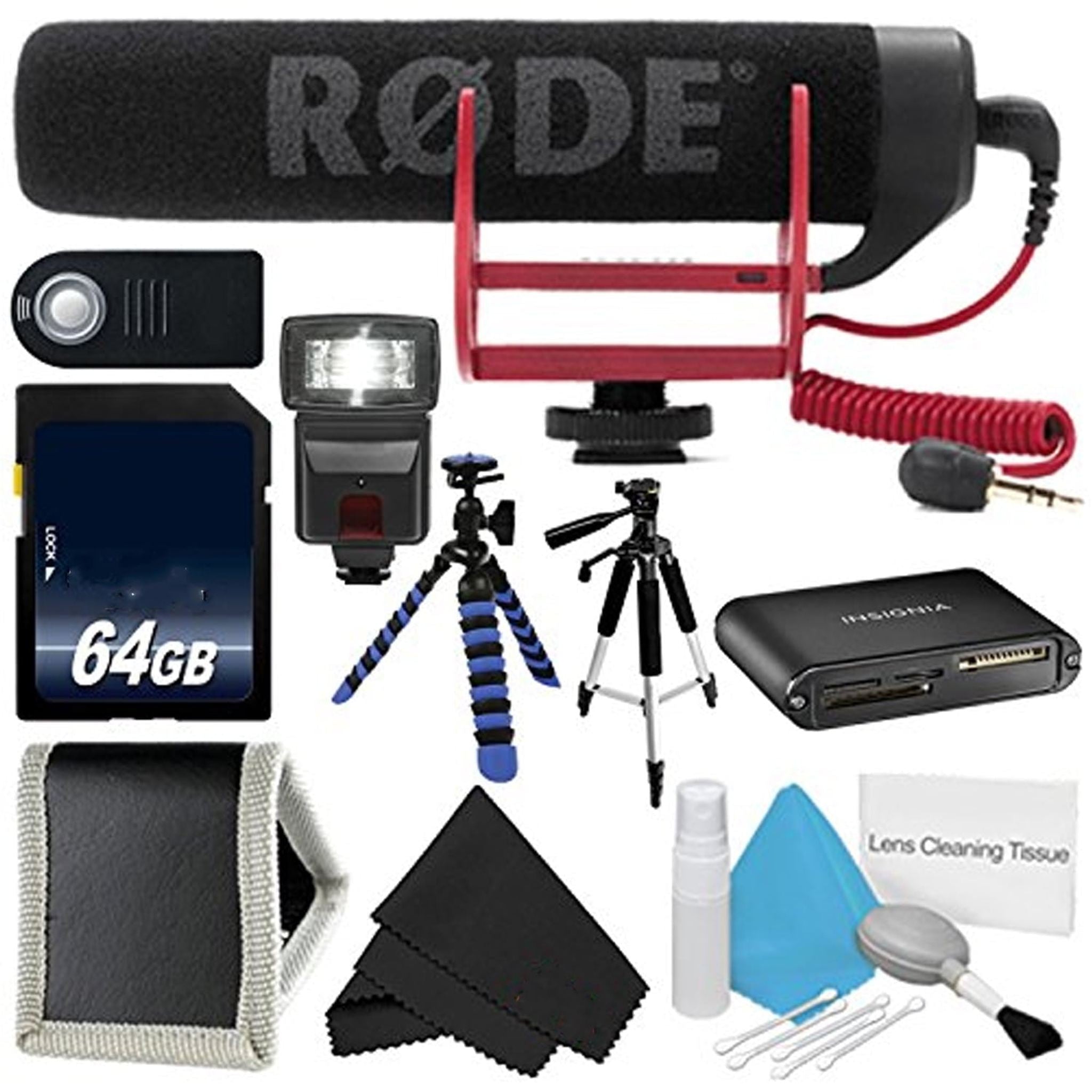 Rode VideoMic GO VIDEOMIC-GO + 64GB Memory Card + Flexible Tripod with Gripping Rubber Legs + Full Size Tripod + Deluxe Cleaning Kit - Bundle Rode