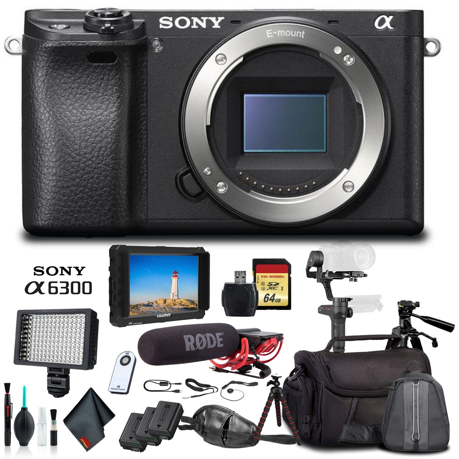 Sony Alpha a6300 Mirrorless Camera Black ILCE6300/B With Soft Bag, Zhiyun-Tech WEEBILL Stabilizer, Tripod, 2x Extra Batteries, Rode Mic, LED Light, 2x 64GB Cards, External 4K Monitor Sony