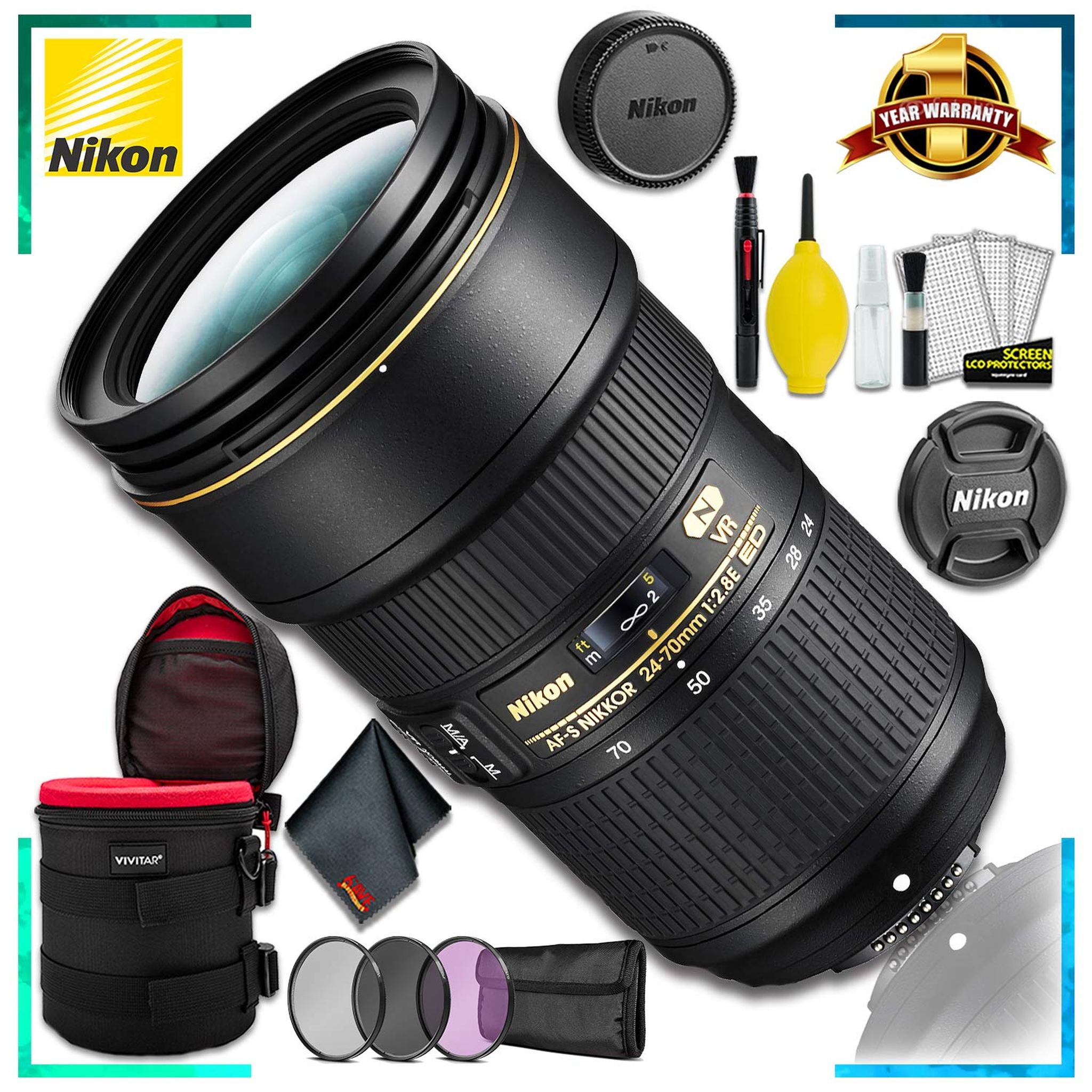 Nikon AF-S NIKKOR 24-70mm f/2.8E ED VR Intl Model + 8 Inch Vivitar Premium Lens Case + 3pcs UV Lens Filter Kit + Cleaning Kit Nikon