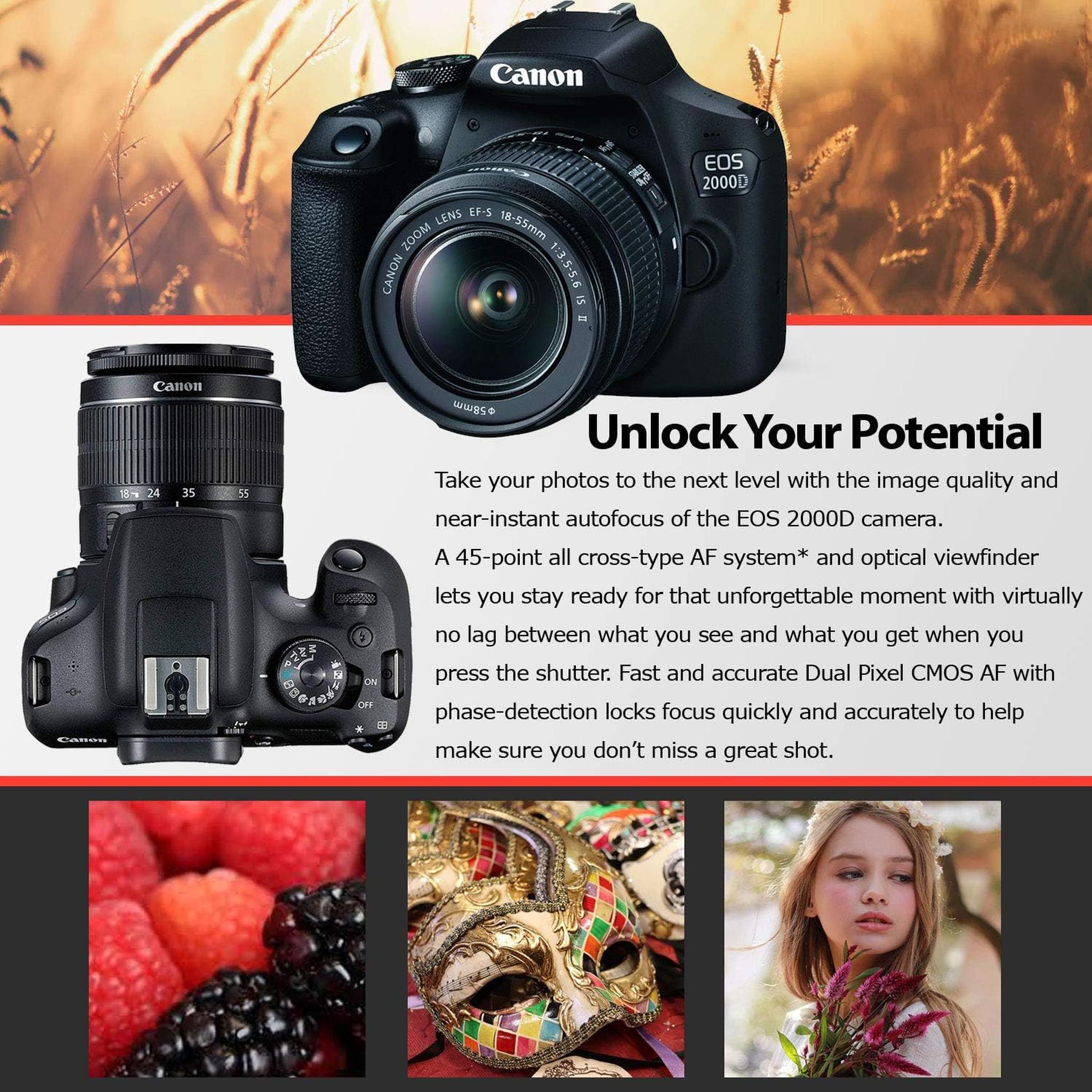 Canon EOS 2000D / Rebel T7 DSLR Camera and EF-S 18-55mm f/3.5-5.6 IS DC III Lens + 32GB Memory Card + Camera Bag + Cleaning Kit + Table Tripod + Filters - Intl Model Canon