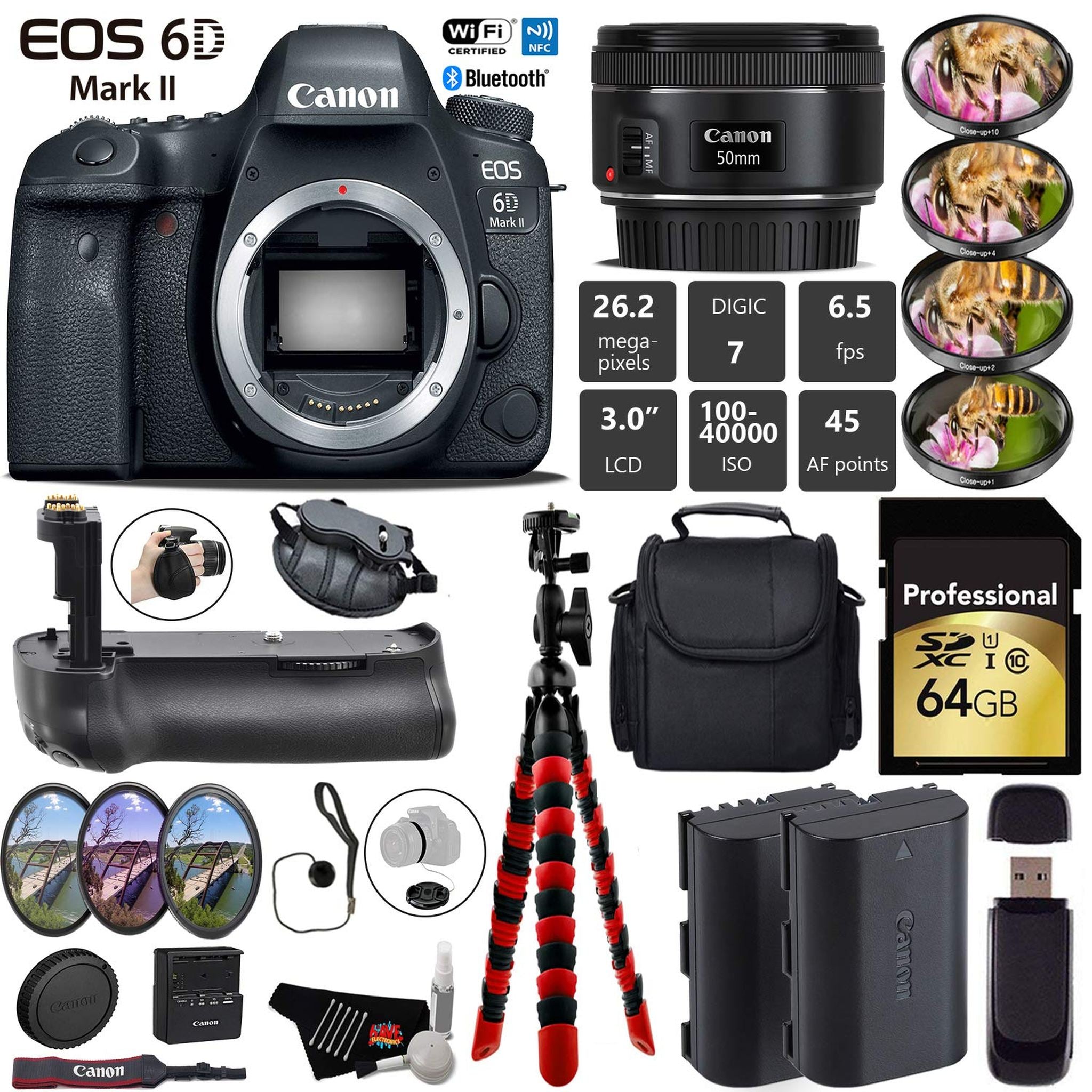 Canon EOS 6D Mark II DSLR Camera With 50mm 1.8 STM Lens + Professional Battery Grip + 4PC Macro Filter Kit + LED Kit Pro Bundle Canon