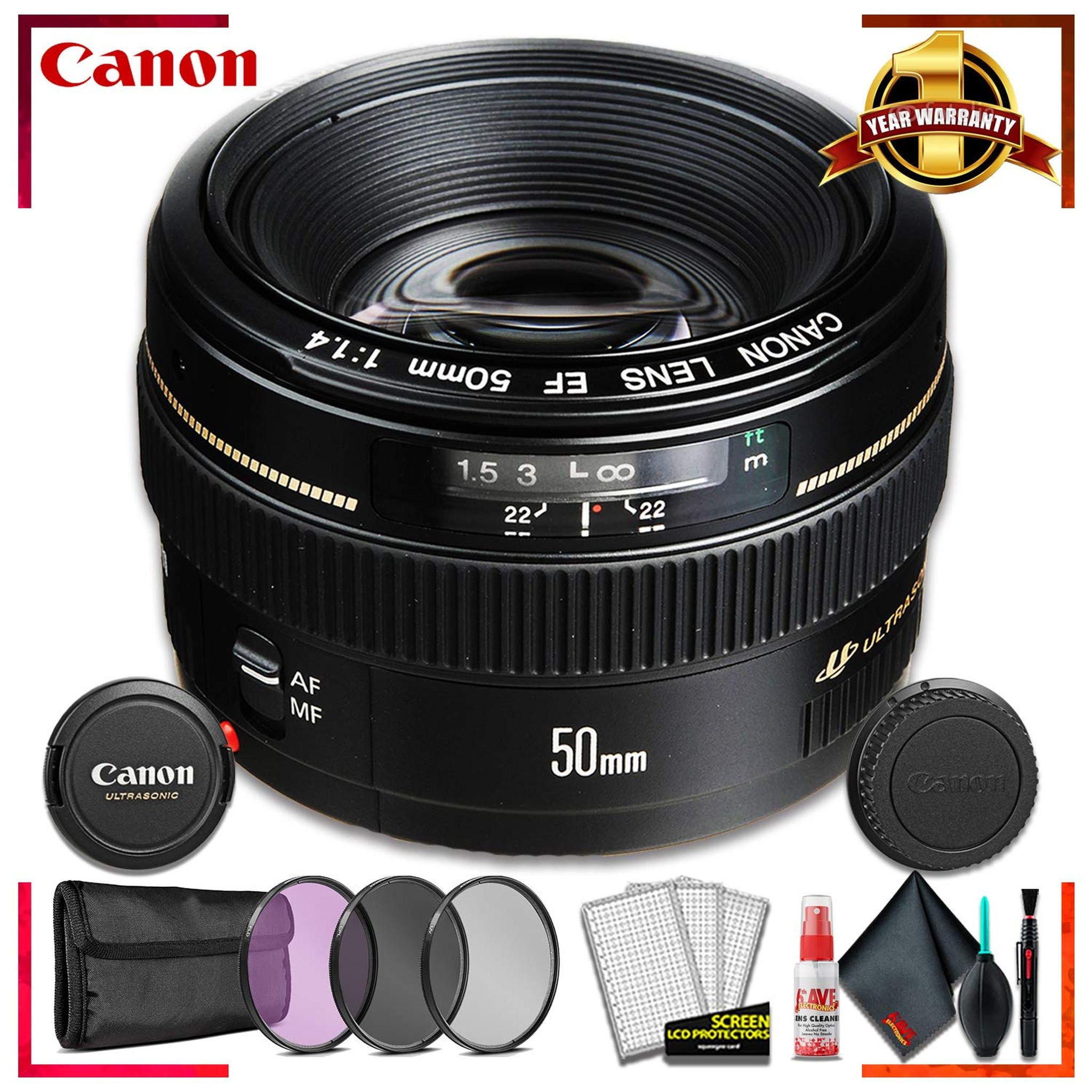 Canon EF 50mm f/1.4 USM Camera Lens + 3 Pcs Filter Kit + Cleaning Kit Canon