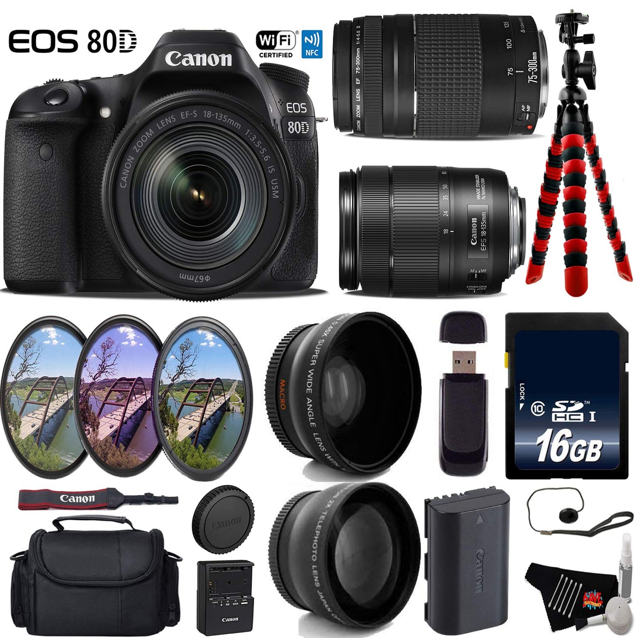 Canon EOS 80D DSLR Camera with 18-135mm is STM Lens & 75-300mm III Lens + UV FLD CPL Filter Kit Advanced Bundle Canon