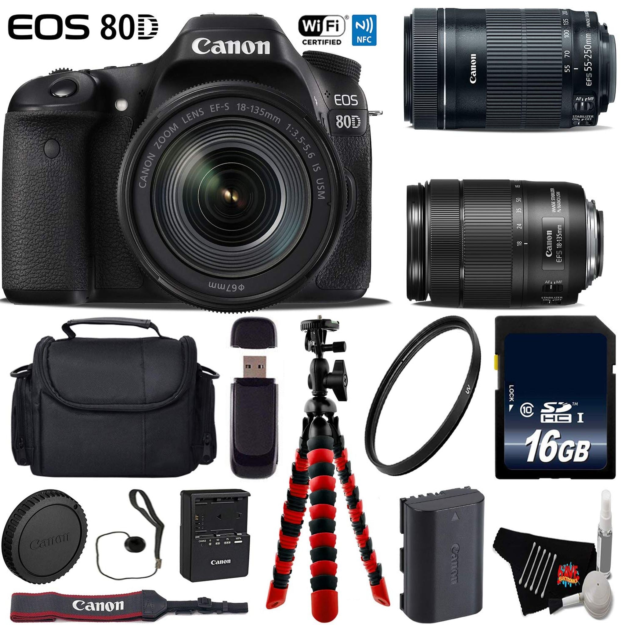 Canon EOS 80D DSLR Camera with 18-135mm is STM Lens & 55-250mm is STM Lens + Flexible Tripod + UV Protection Filter Advanced Bundle Canon