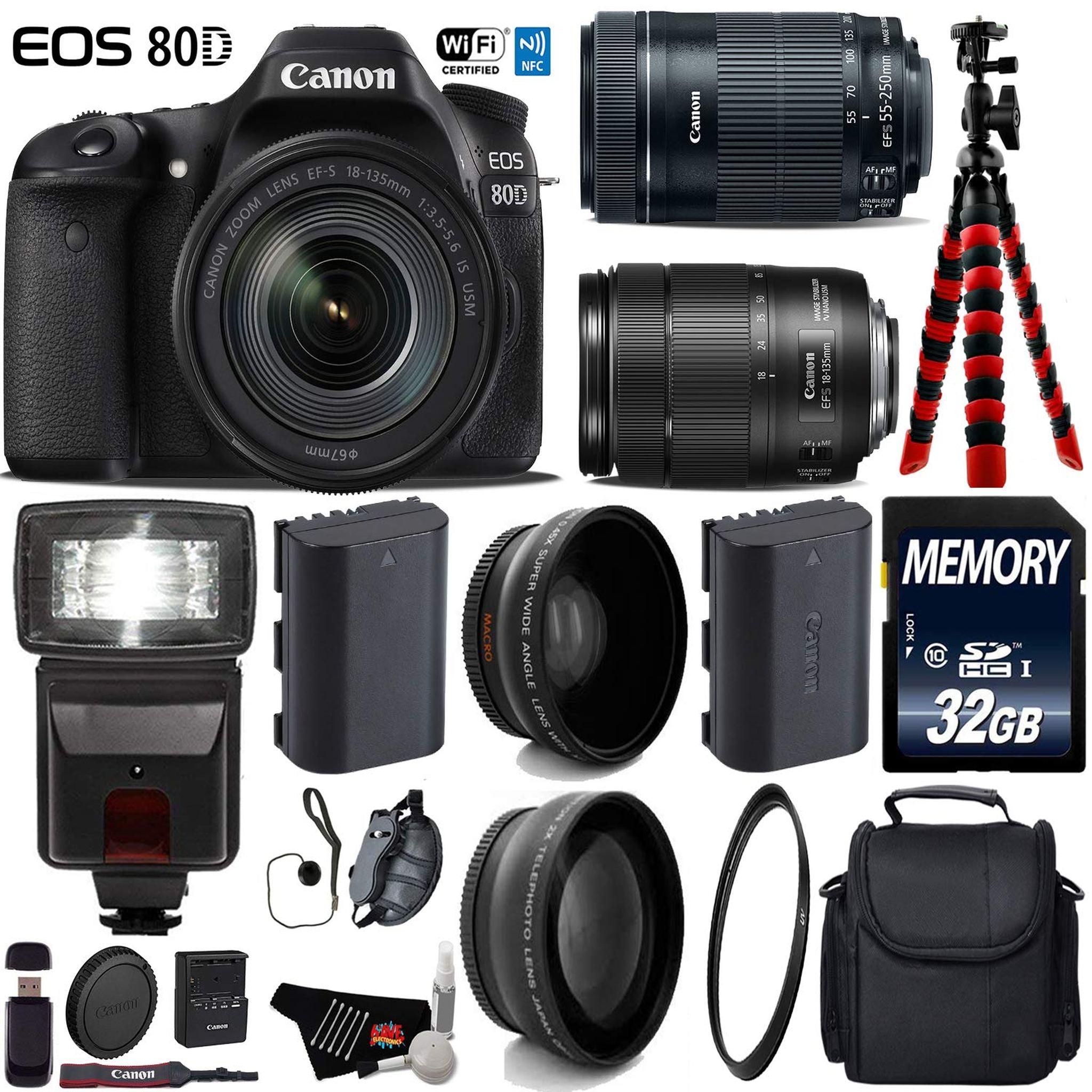 Canon EOS 80D DSLR Camera with 18-135mm is STM Lens & 55-250mm is STM Lens + Flash + UV FLD CPL Filter Kit Advanced Bundle Canon