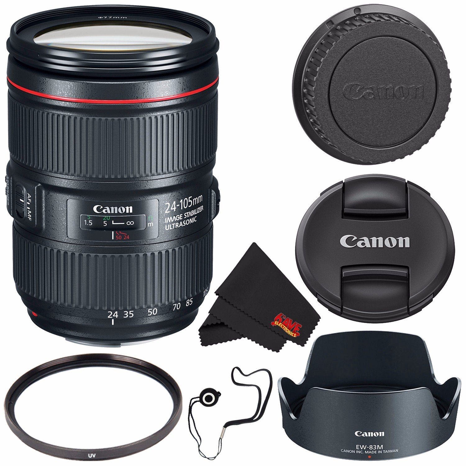 6Ave Canon EF 24-105mm f/4L IS II USM Lens 1380C002 White Box + 77mm UV Filter + MicroFiber Cloth + Lens Cap Keeper Bundle Canon