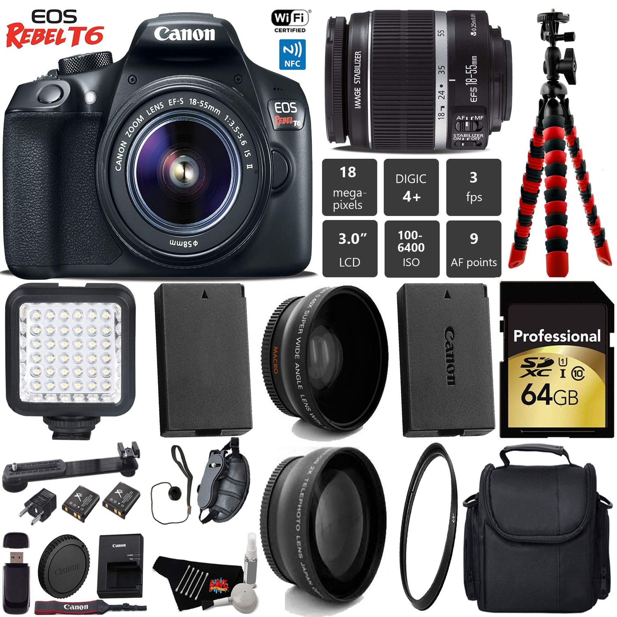 Canon EOS Rebel T6 DSLR Camera with 18-55mm is II Lens + LED + UV FLD CPL Filter Kit + Wide Angle & Telephoto Lens Pro Bundle Canon