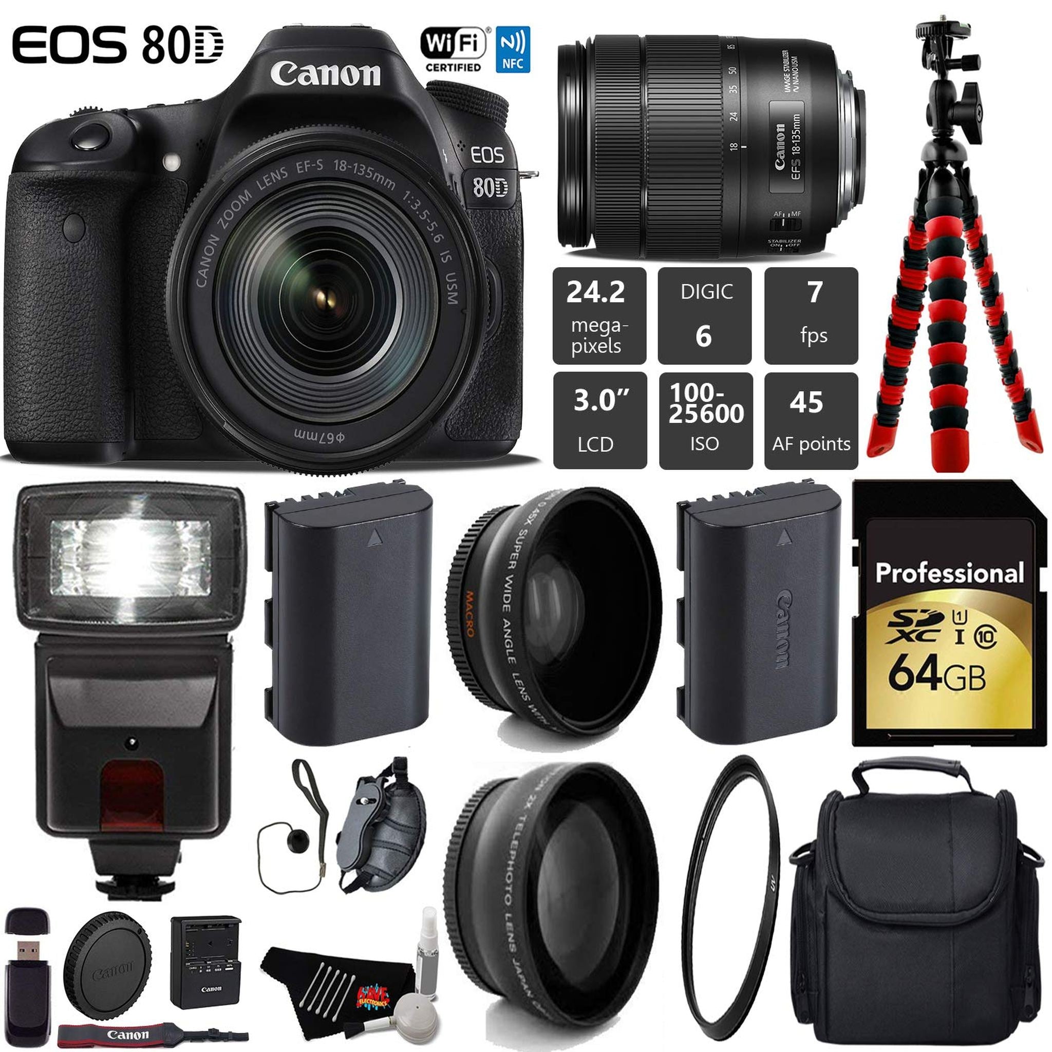 Canon EOS 80D DSLR Camera with 18-135mm is STM Lens + Flash + UV FLD CPL Filter Kit + Wide Angle & Telephoto Lens Pro Bundle Canon