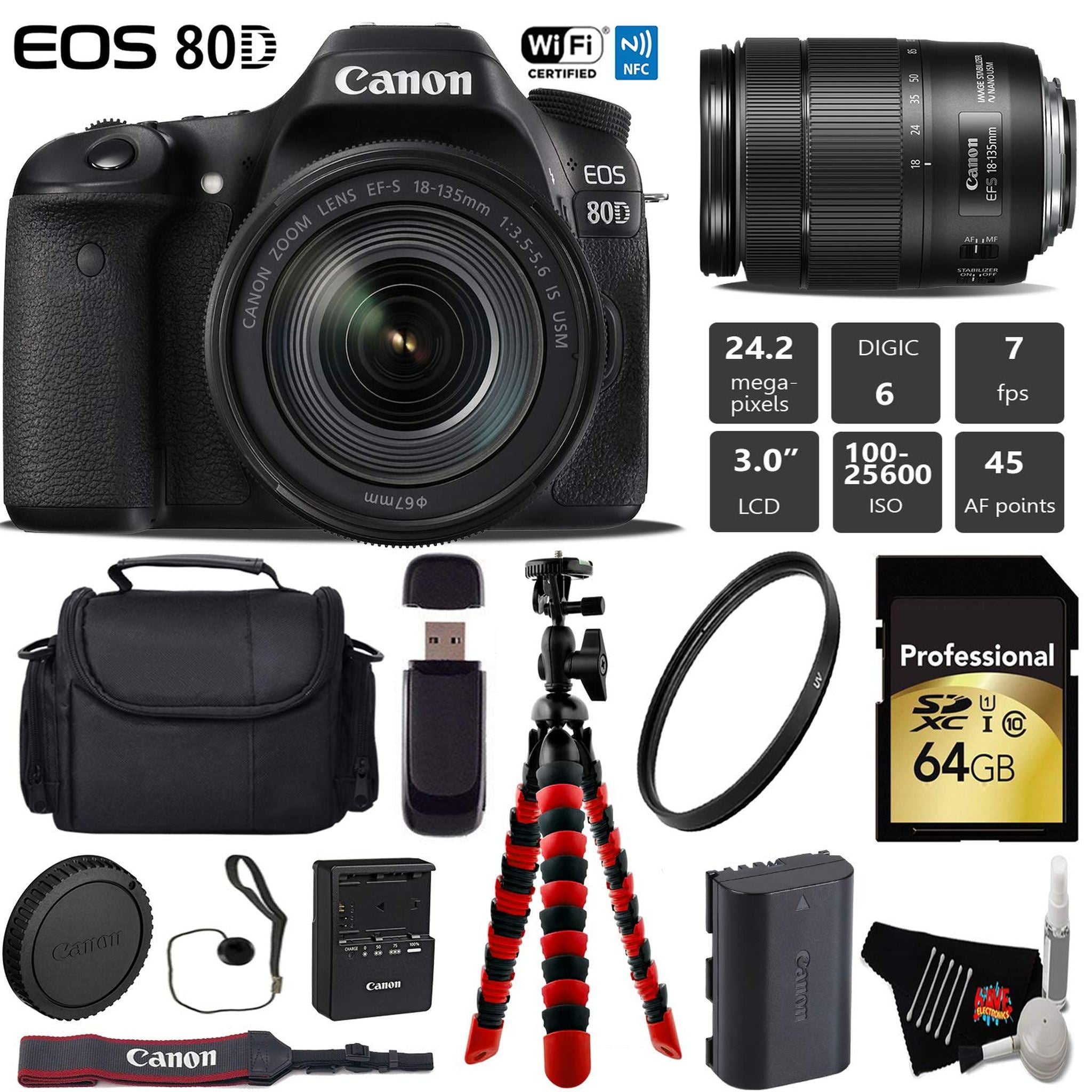 Canon EOS 80D DSLR Camera with 18-135mm is STM Lens + Flexible Tripod + UV Protection Filter + Professional Case + Card Pro Bundle Canon