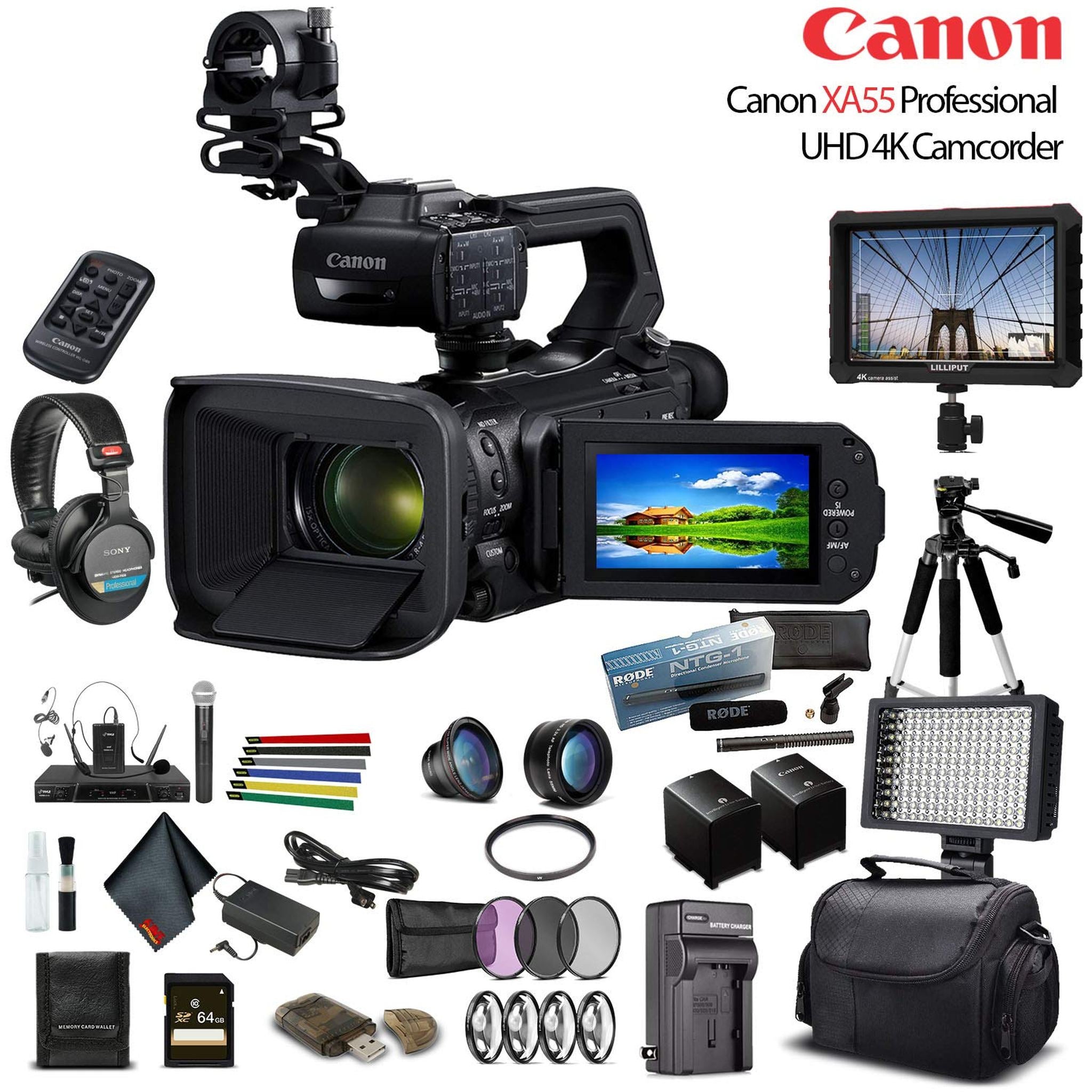 Canon XA55 Professional UHD 4K Camcorder 3668C002 W/ 2 Extra Battery, Soft Padded Bag, 64GB Memory Card, Filter Kit Bundle Canon