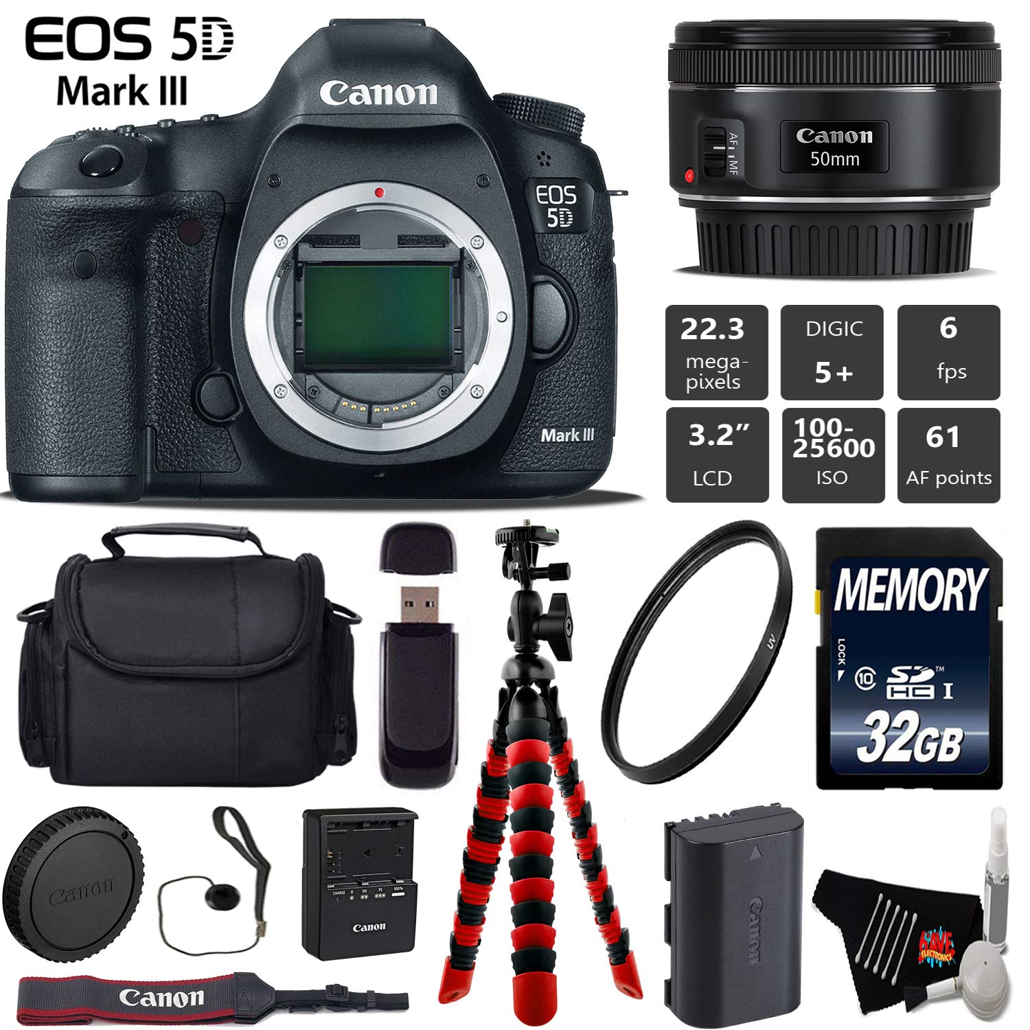 Canon EOS 5D Mark III DSLR Camera with 50mm f/1.8 STM Lens + Wireless Remote + UV Protection Filter + Case + Wrist Strap Starter Bundle Canon