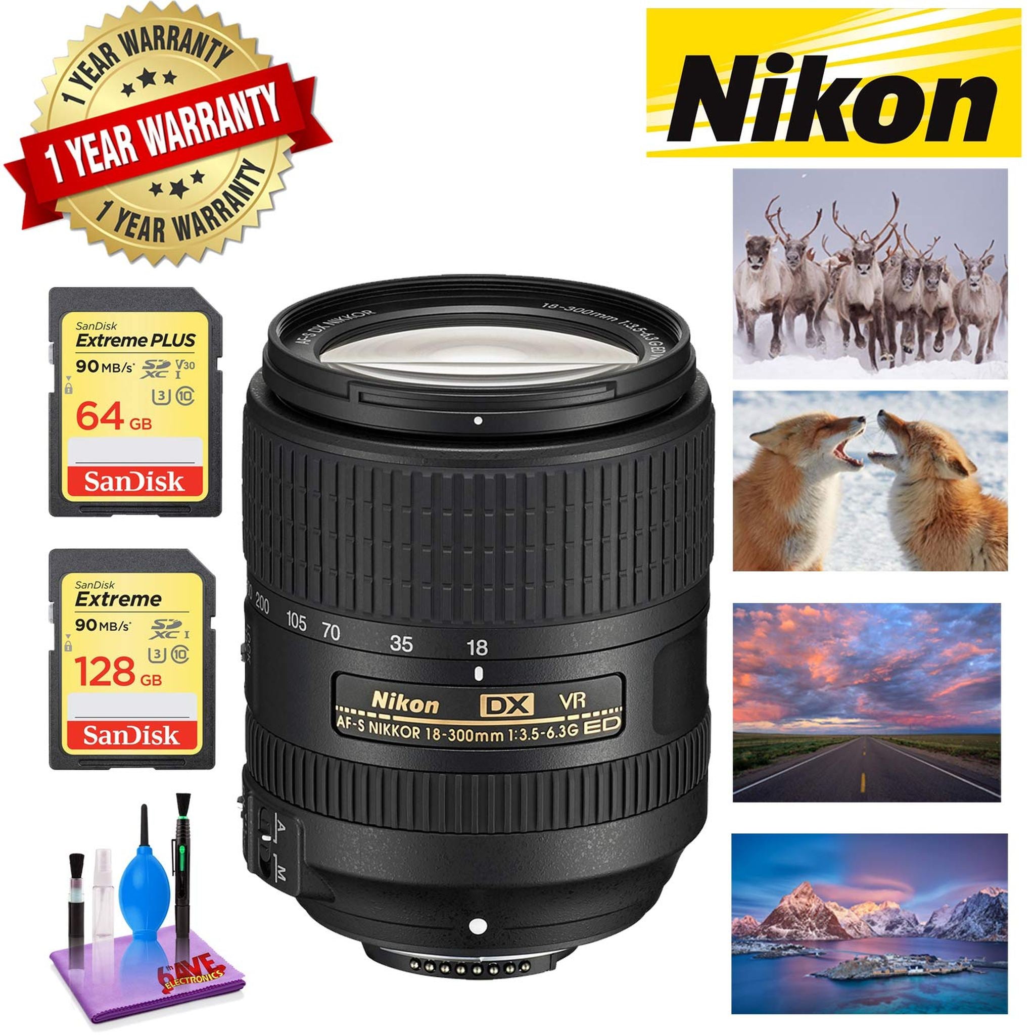 NIKON 18-300MM F/3.5-6.3G ED AF-S DX VR Lens with 1 Year Warranty Sandisk 64GB and 128GB Extreme Memory Card SDXCUHS-I Bundle Nikon