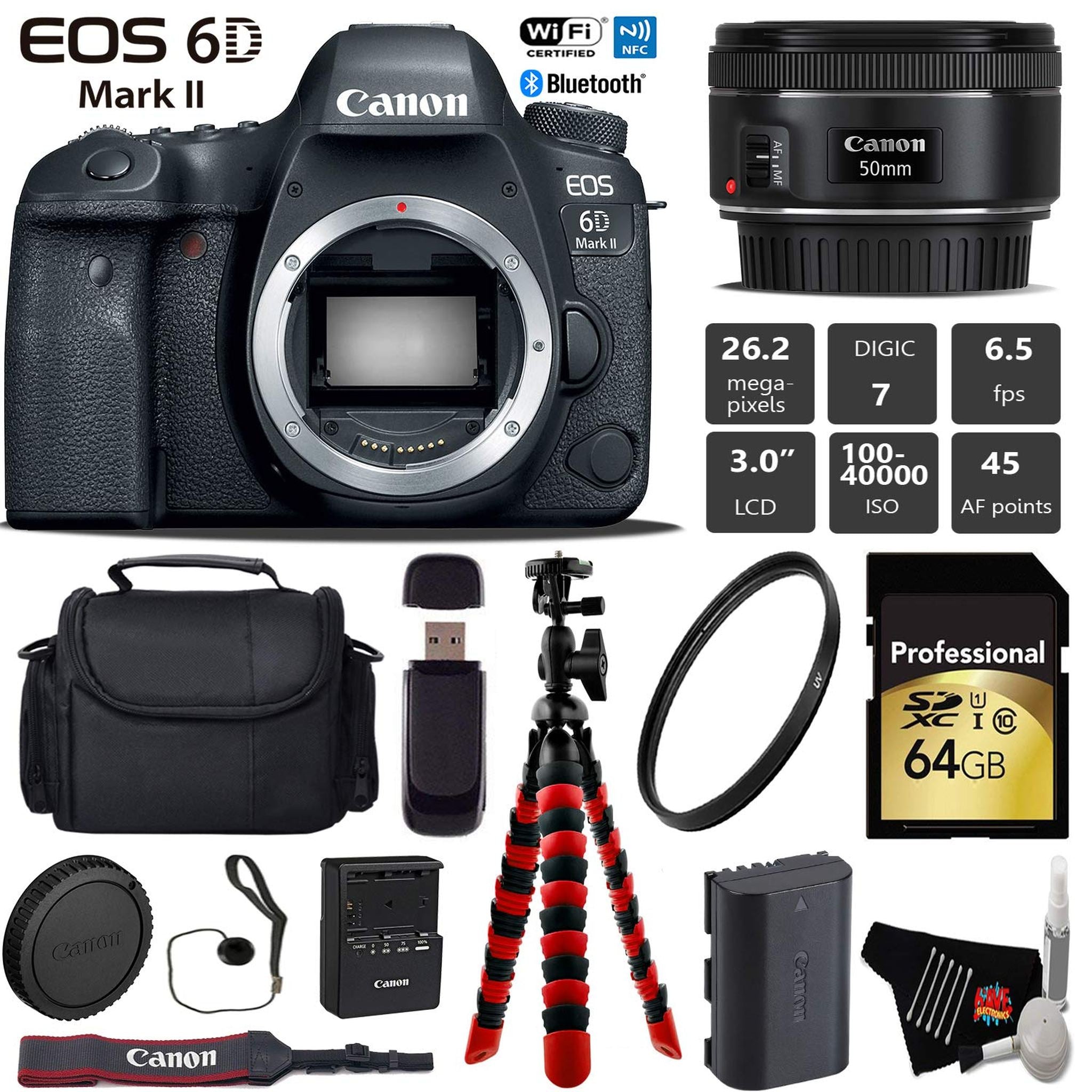 Canon EOS 6D Mark II DSLR Camera with 50mm f/1.8 STM Lens + Wireless Remote + UV Protection Filter + Case + Wrist Strap Pro Bundle Canon