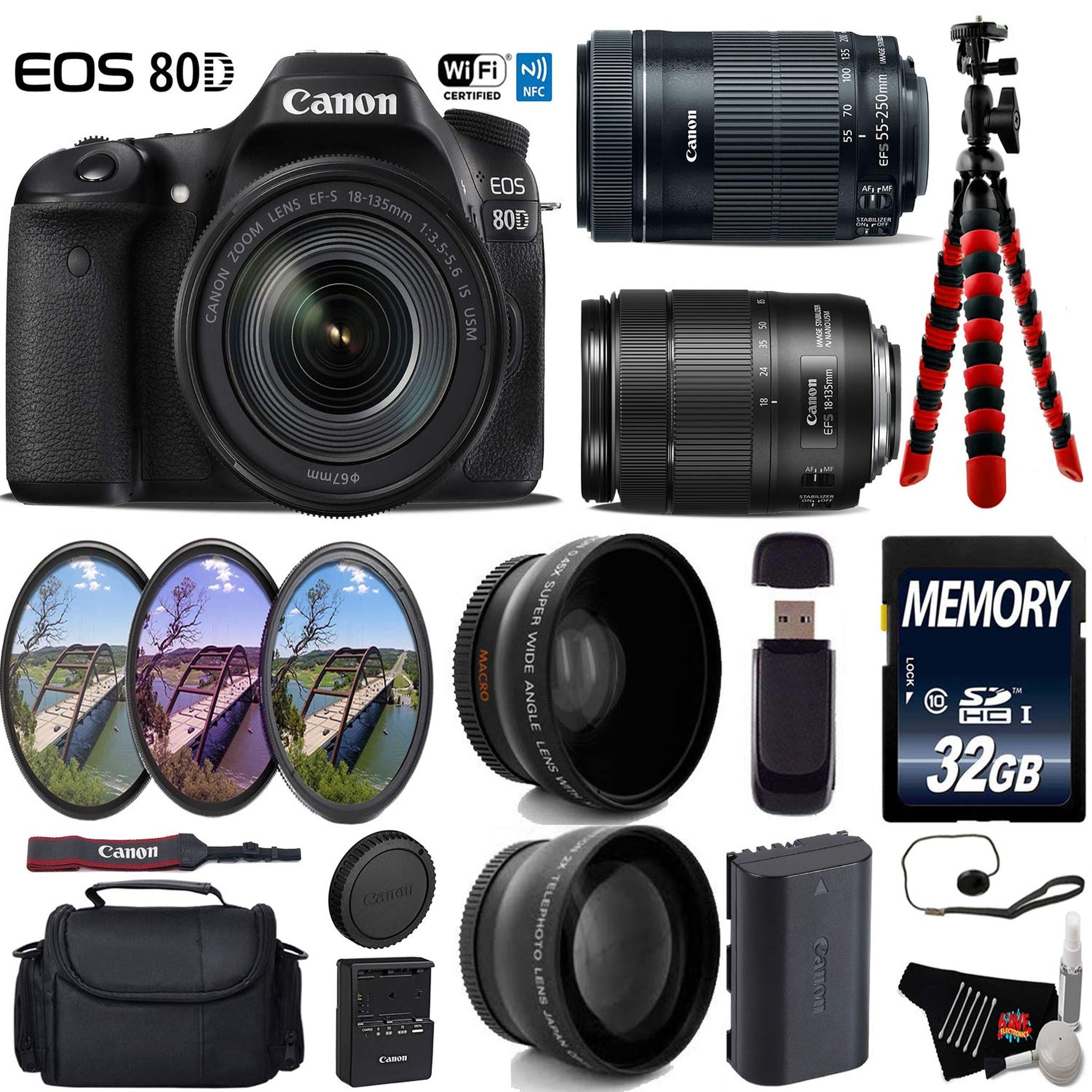 Canon EOS 80D DSLR Camera with 18-135mm is STM Lens & 55-250mm is STM Lens + UV FLD CPL Filter Kit Deluxe Bundle Canon