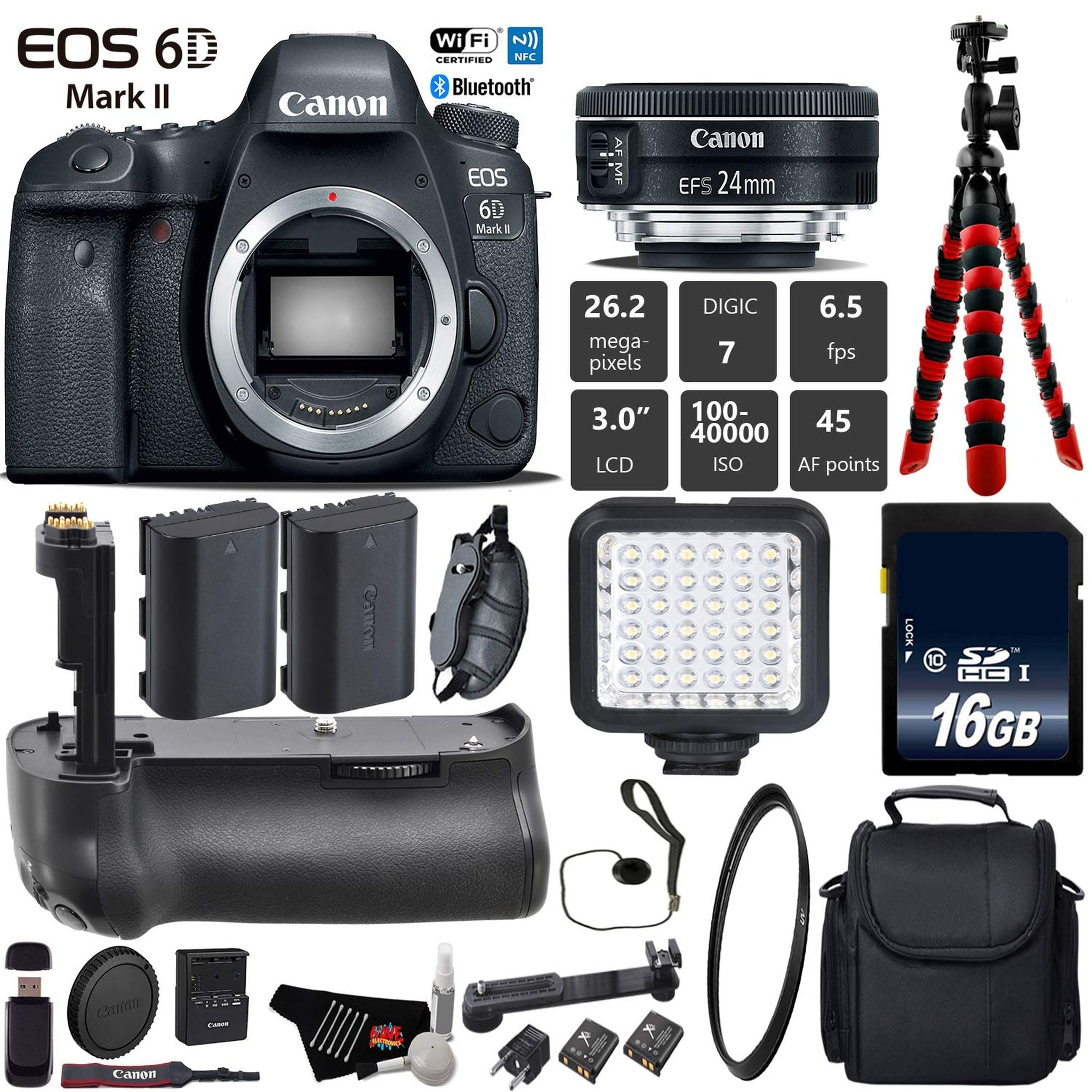 Canon EOS 6D Mark II DSLR Camera With 24mm 2.8 STM Lens + Professional Battery Grip + UV Protection Filter + LED Kit Base Bundle Canon