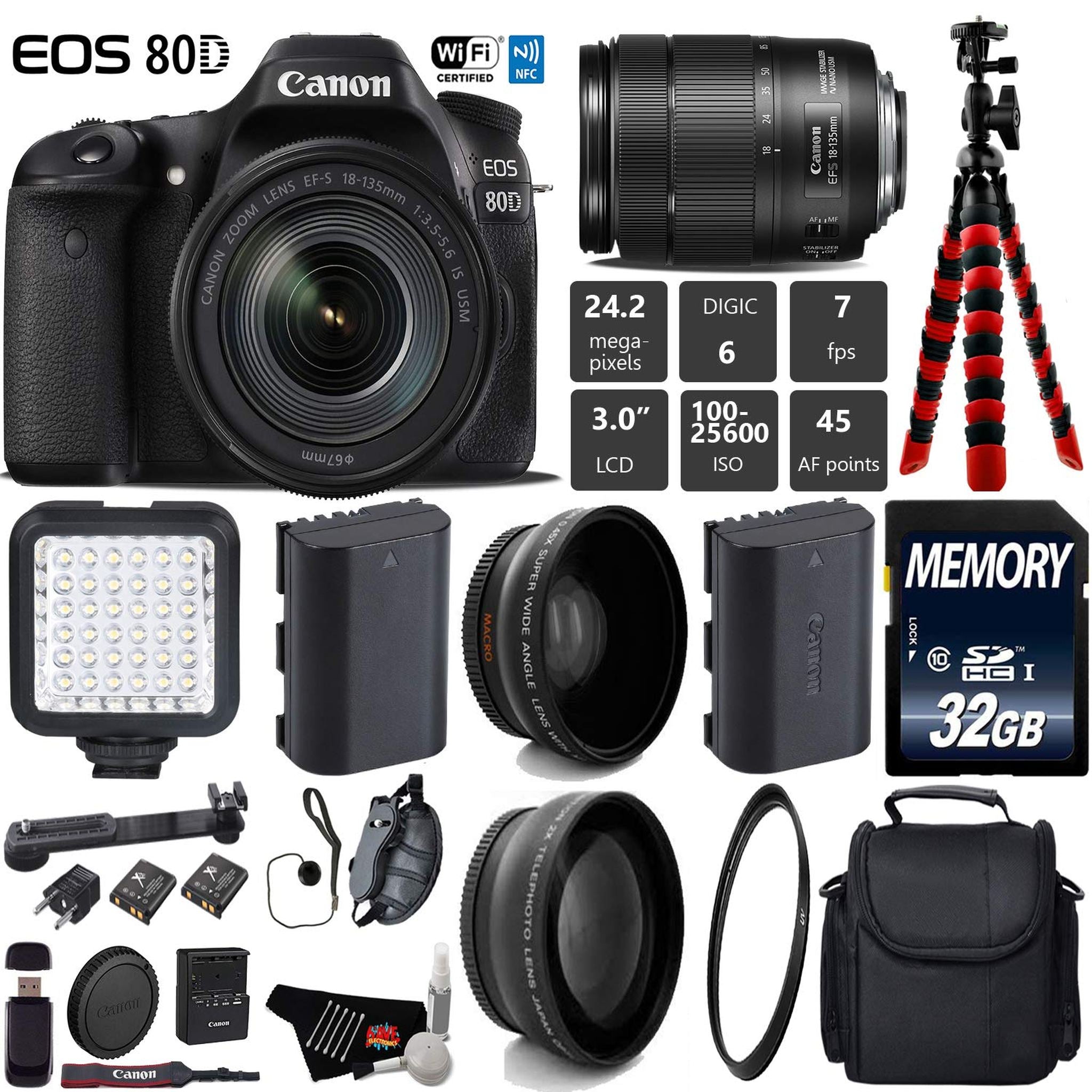 Canon EOS 80D DSLR Camera with 18-135mm is STM Lens + LED + UV FLD CPL Filter Kit + Wide Angle & Telephoto Lens + Camera Starter Bundle Canon