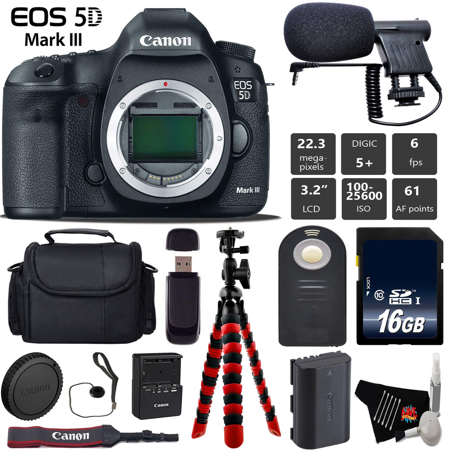 Canon EOS 5D Mark III DSLR Camera Body Only + Wireless Remote + Condenser Microphone + Case + Wrist Strap + Tripod Base Bundle Canon