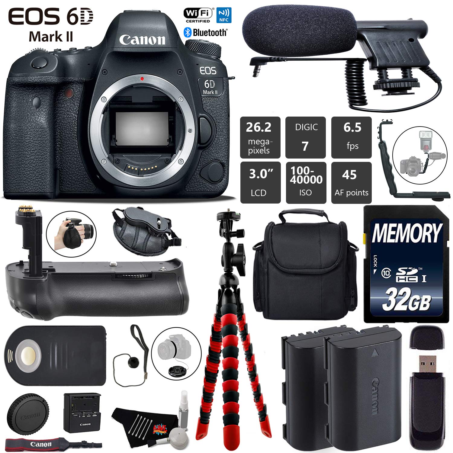 Canon EOS 6D Mark II DSLR Camera Body Only + Professional Battery Grip + Condenser Microphone + Extra Battery + Case Starter Bundle Canon