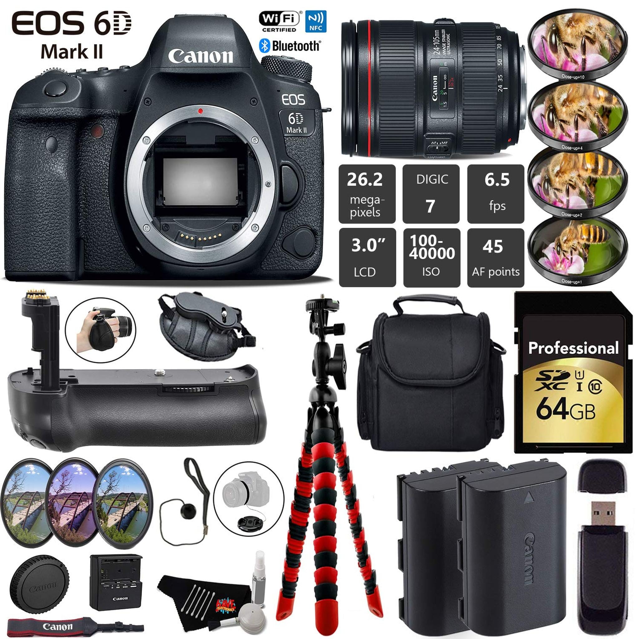 Canon EOS 6D Mark II DSLR Camera with 24-105mm f/4L II Lens + Professional Battery Grip + 4PC Macro Filter Kit + LED Kit Pro Bundle Canon