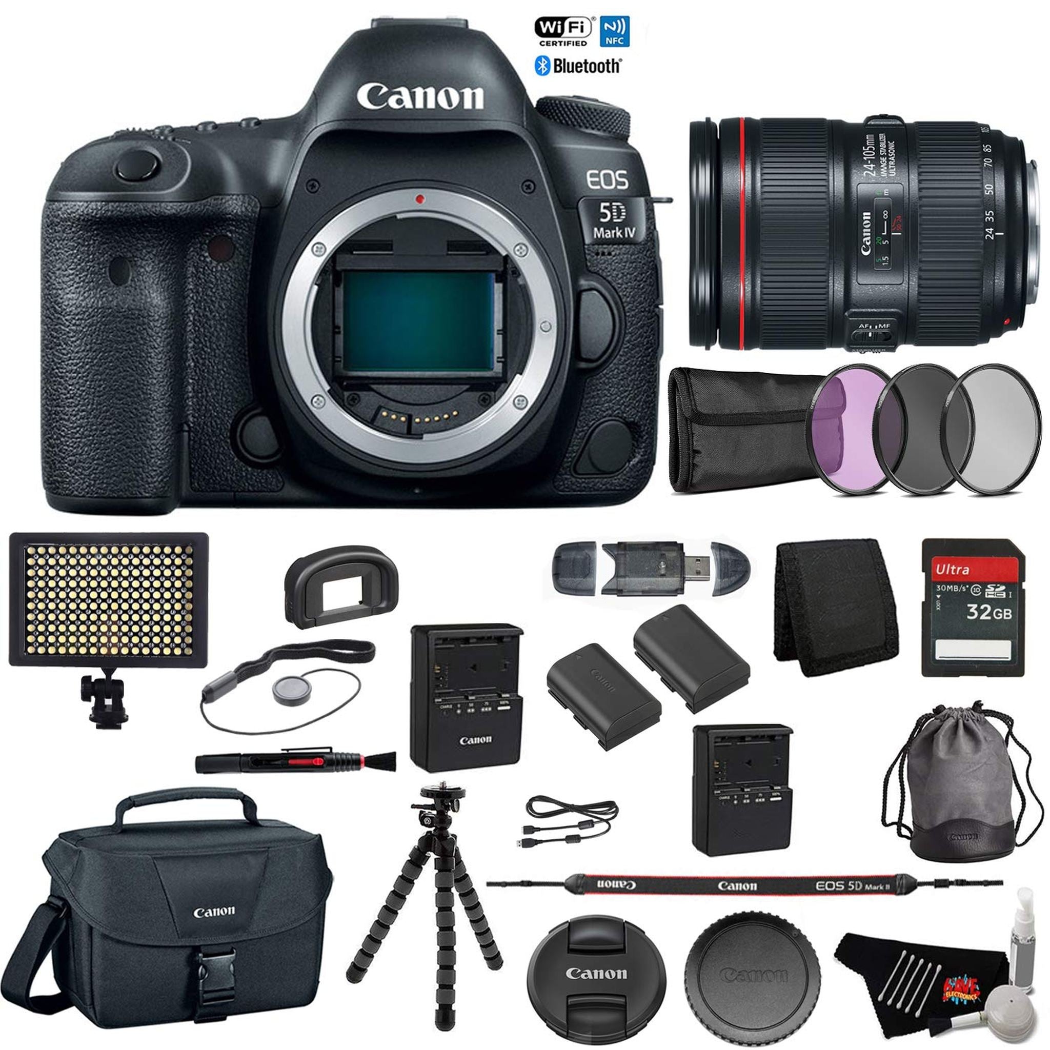 Canon EOS 5D Mark IV Digital SLR Camera with 24-105mm f/4L II Lens - Bundle with Spare Battery + Tripod + LED Light + 32 Canon