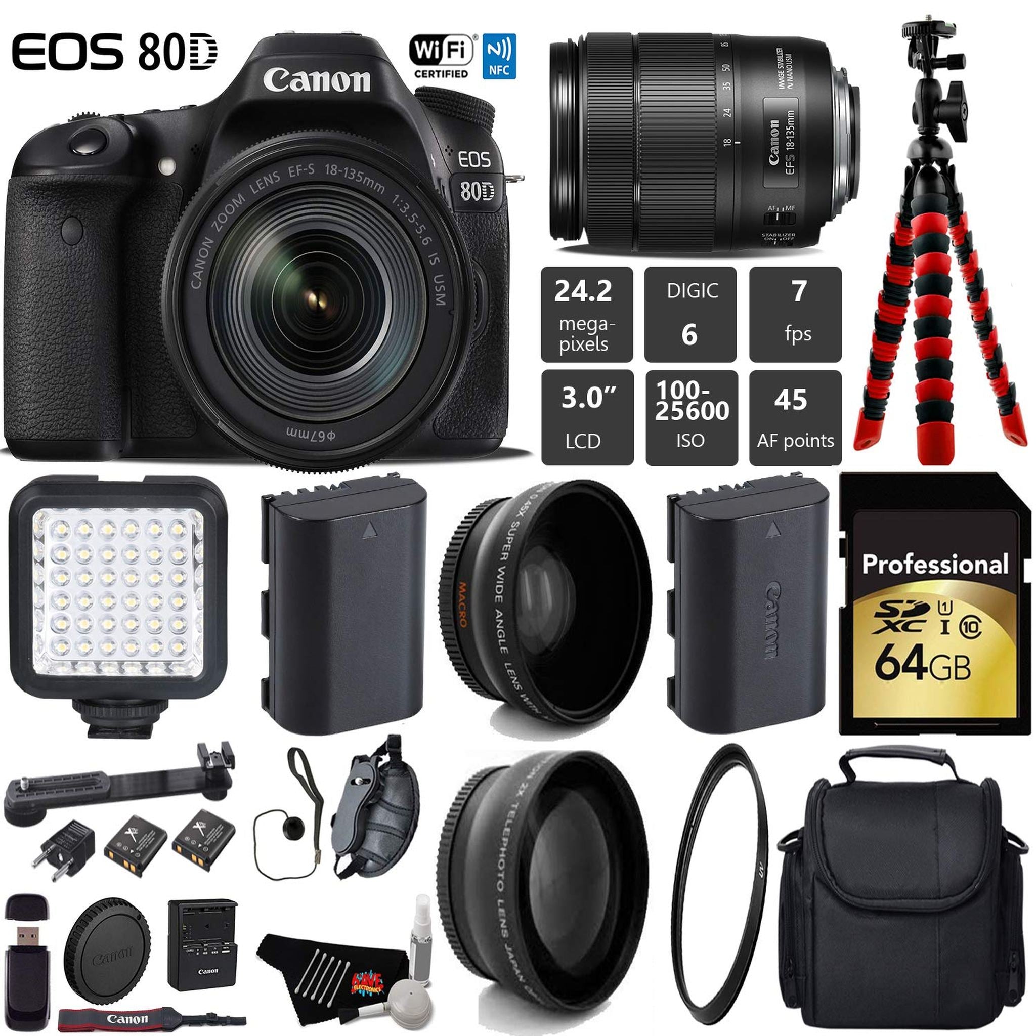 Canon EOS 80D DSLR Camera with 18-135mm is STM Lens + LED + UV FLD CPL Filter Kit + Wide Angle & Telephoto Lens + Camera Pro Bundle Canon