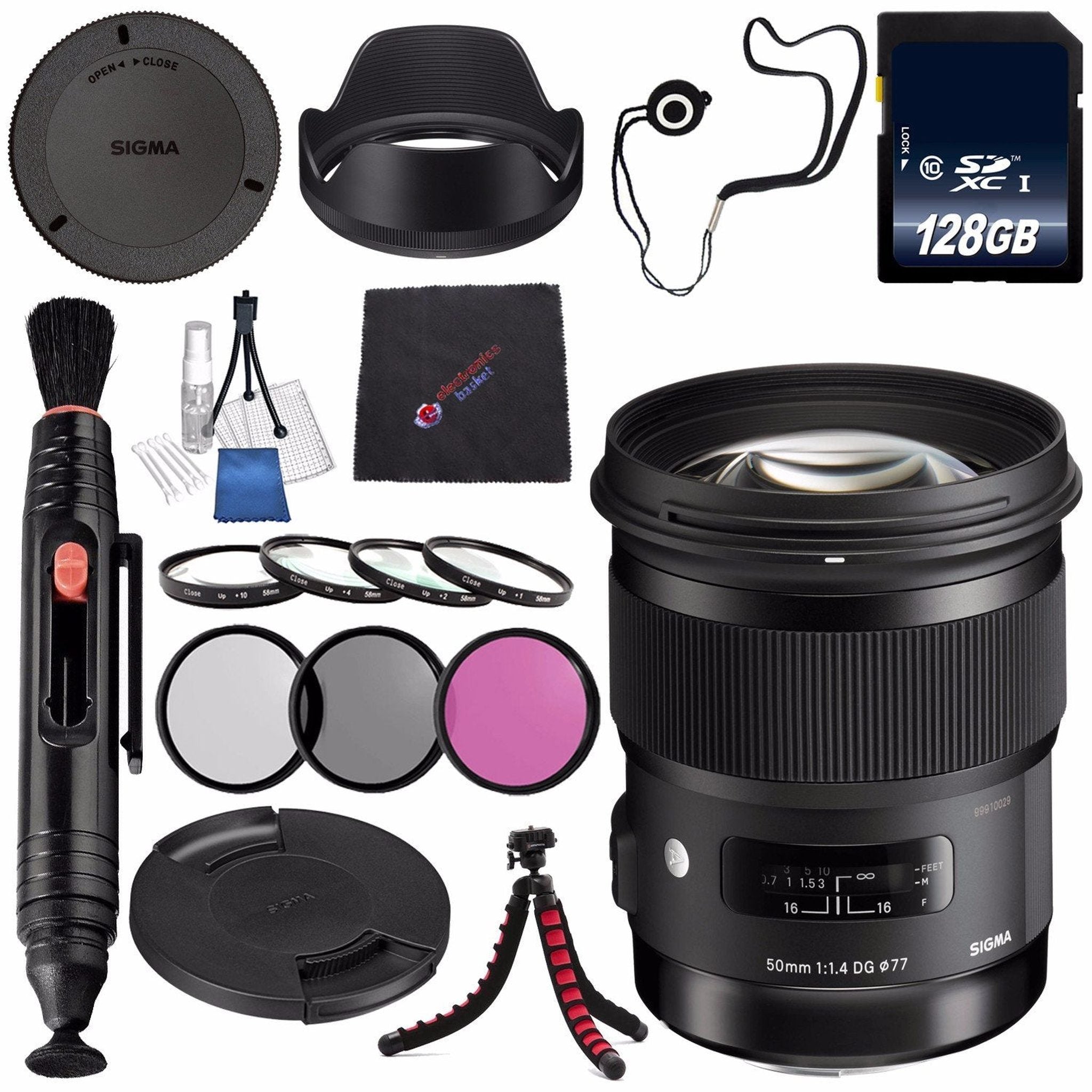 Sigma 50mm f/1.4 DG HSM Art Lens for Nikon F #311306 + 77mm 3 Piece Filter Kit + 128GB SDXC Memory Card + Lens Pen Cleaner + Microfiber Cleaning Cloth + Tripod Bundle International Model No Warranty Sigma