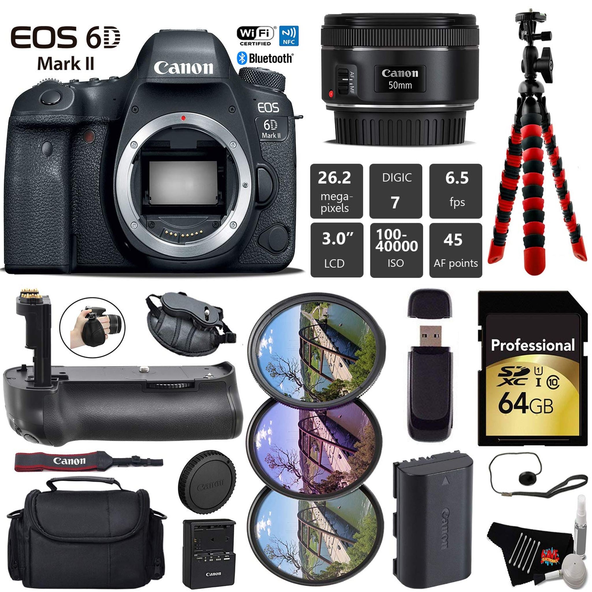 Canon EOS 6D Mark II DSLR Camera with 50mm f/1.8 STM Lens + Professional Battery Grip + UV FLD CPL Filter Kit + Case Pro Bundle Canon