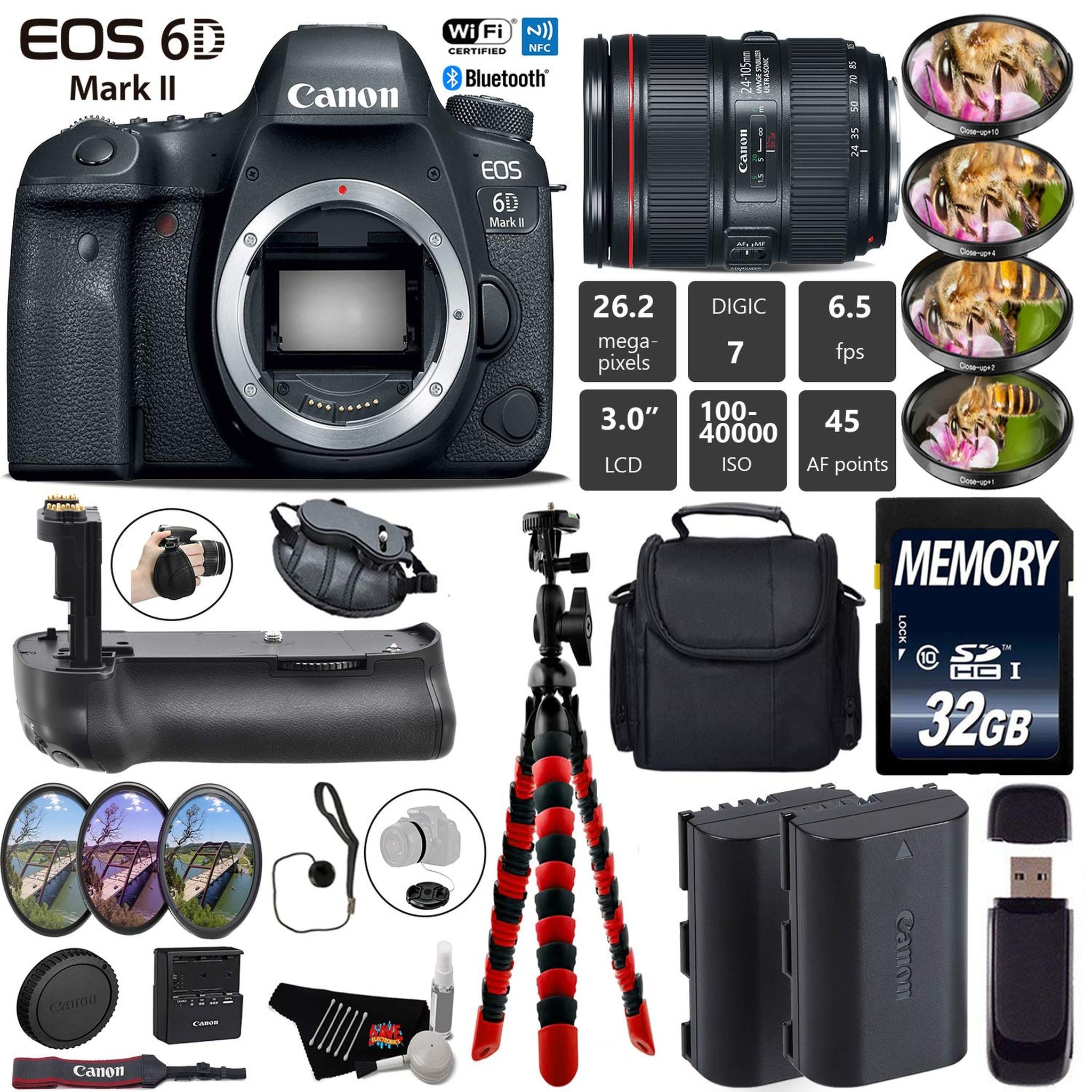 Canon EOS 6D Mark II DSLR Camera with 24-105mm f/4L II Lens + Professional Battery Grip + 4PC Macro Filter Kit + LED Kit Starter Bundle Canon