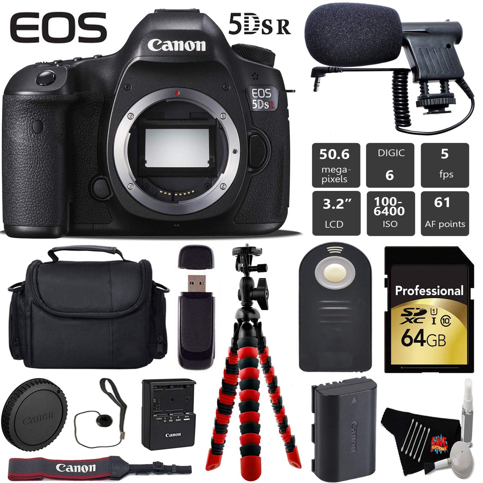 Canon EOS 5DS R DSLR Camera Body Only + Wireless Remote + Condenser Microphone + Case + Wrist Strap + Tripod Pro Bundle Canon