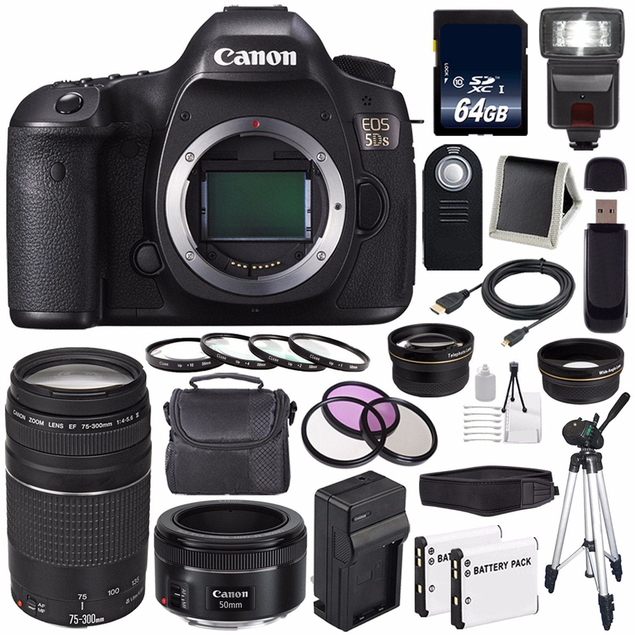 Canon EOS 5DS DSLR Camera International Model 0581C002 + Canon EF 75-300 III+ EF 50mm f/1.8 STM Lens Base Bundle Canon