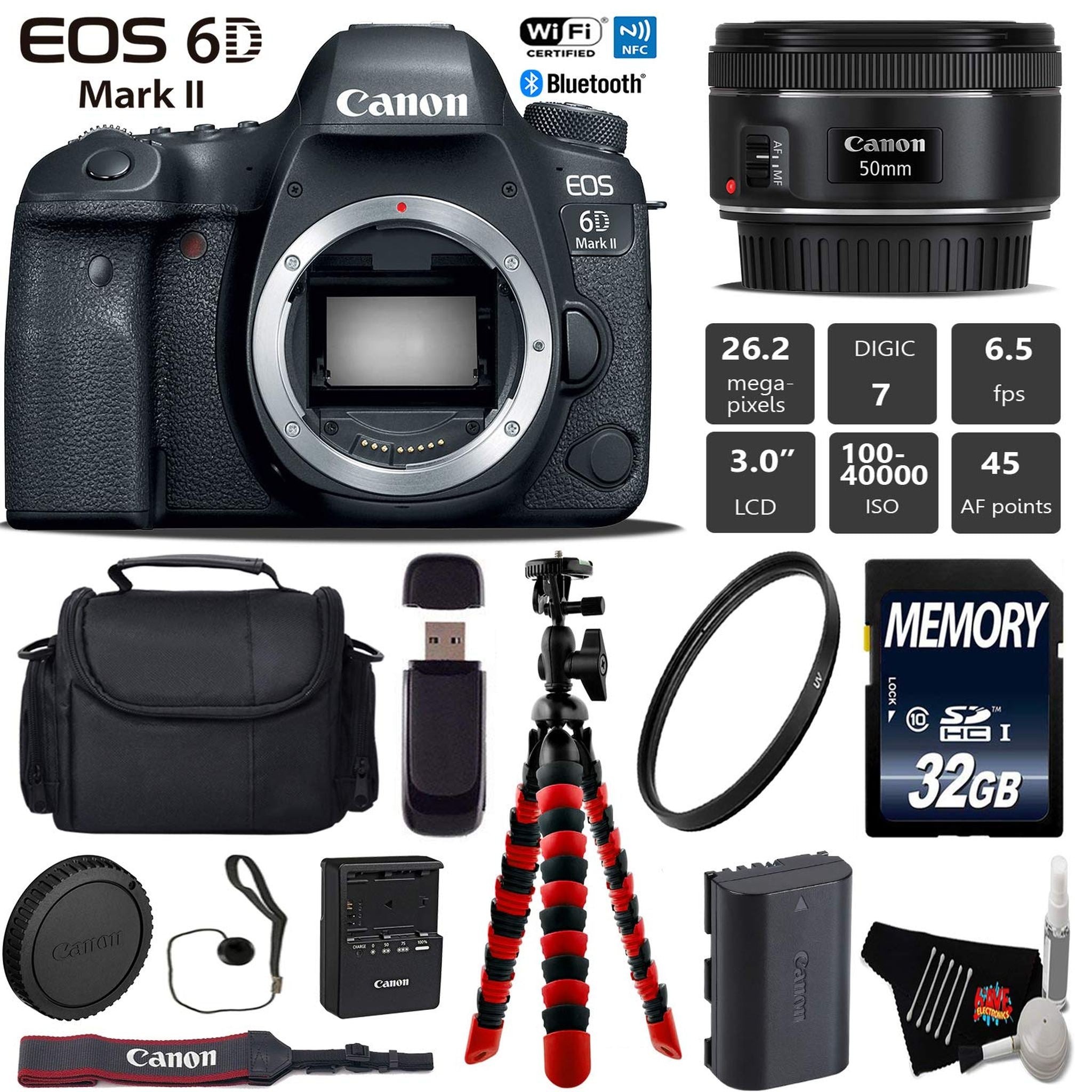 Canon EOS 6D Mark II DSLR Camera with 50mm f/1.8 STM Lens + Wireless Remote + UV Protection Filter + Case + Wrist Strap Starter Bundle Canon