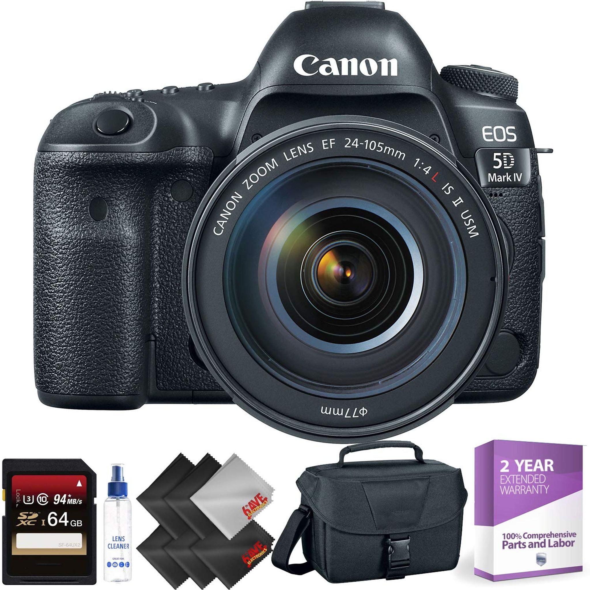 Canon EOS 5D Mark IV DSLR Camera with 24-105mm f/4L II Lens + 64GB Memory Card + 1 Year Warranty Bundle Canon