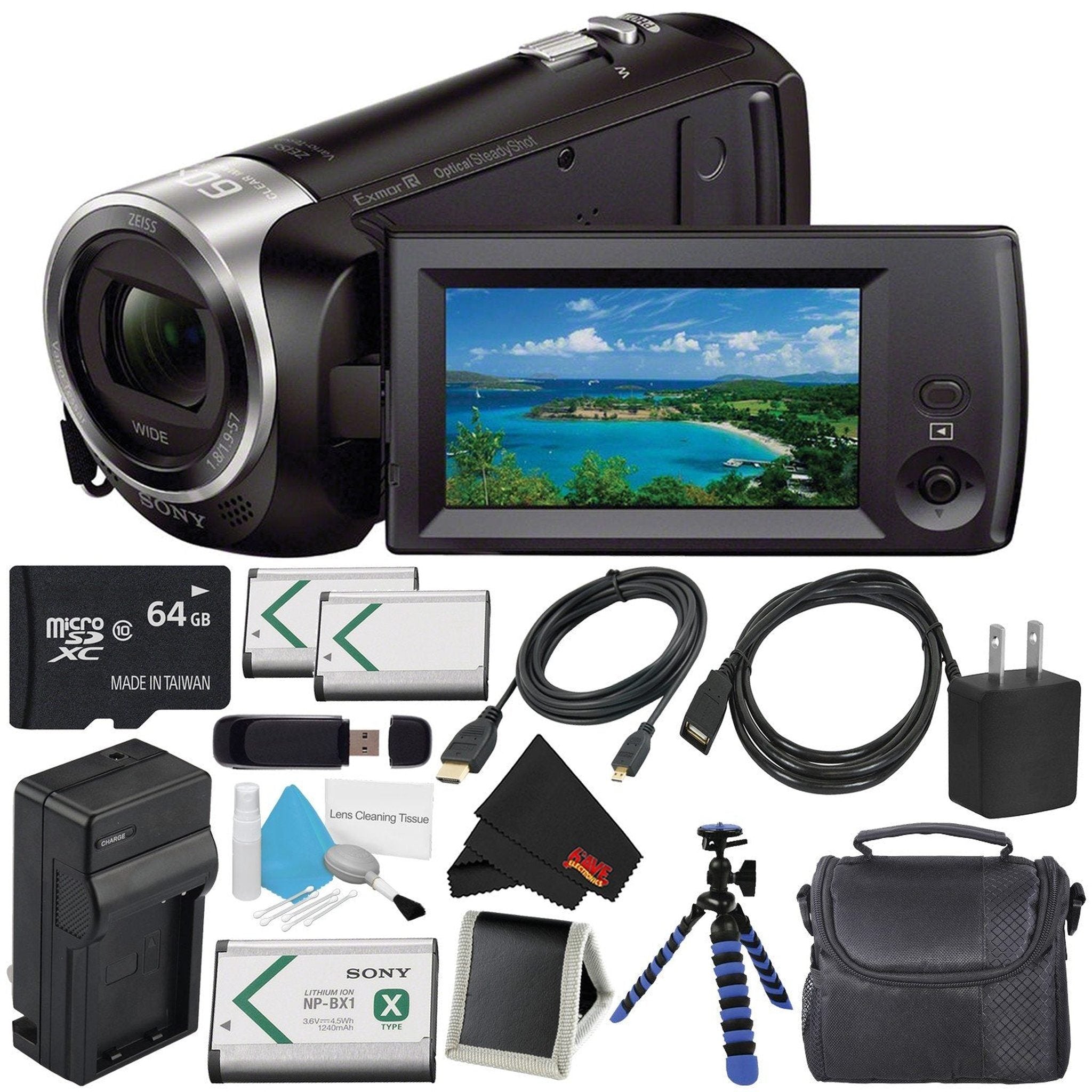 Sony HDR-CX405 HD Handycam HDRCX405/B + 64GB microSDXC + Carrying Case + Deluxe Cleaning Kit + Microfiber Cloth Bundle Sony