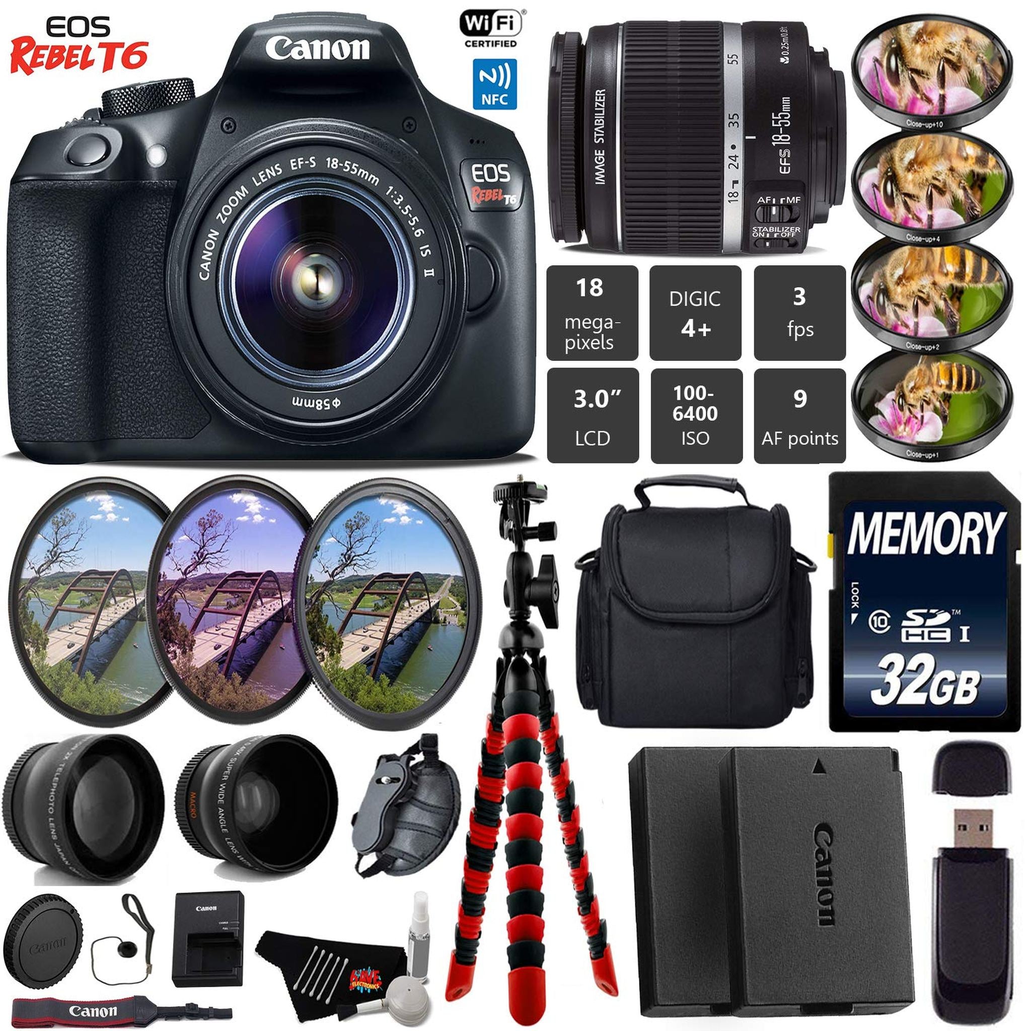 Canon EOS Rebel T6 DSLR Camera 18-55mm is II Lens + UV FLD CPL Filter Kit + 4 PC Macro Kit + Wide Angle & Telephoto Lens Canon