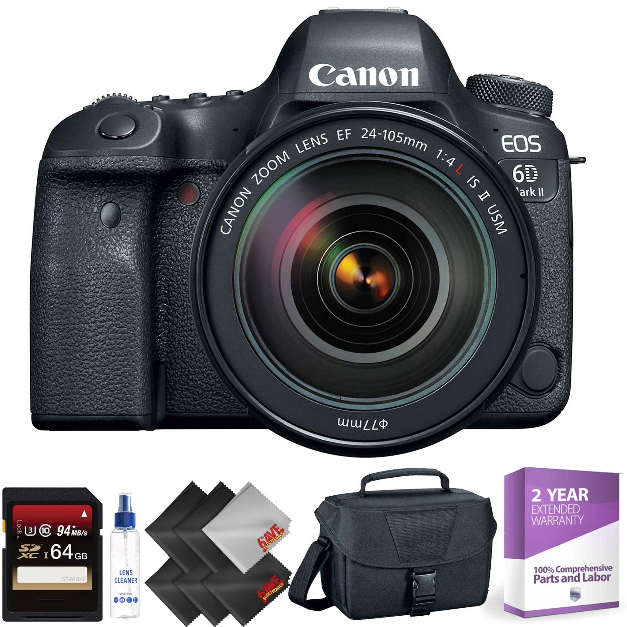 Canon EOS 6D Mark II DSLR Camera with 24-105mm f/4L II Lens + 64GB Memory Card + 2 Year Accidental Warranty Bundle Canon