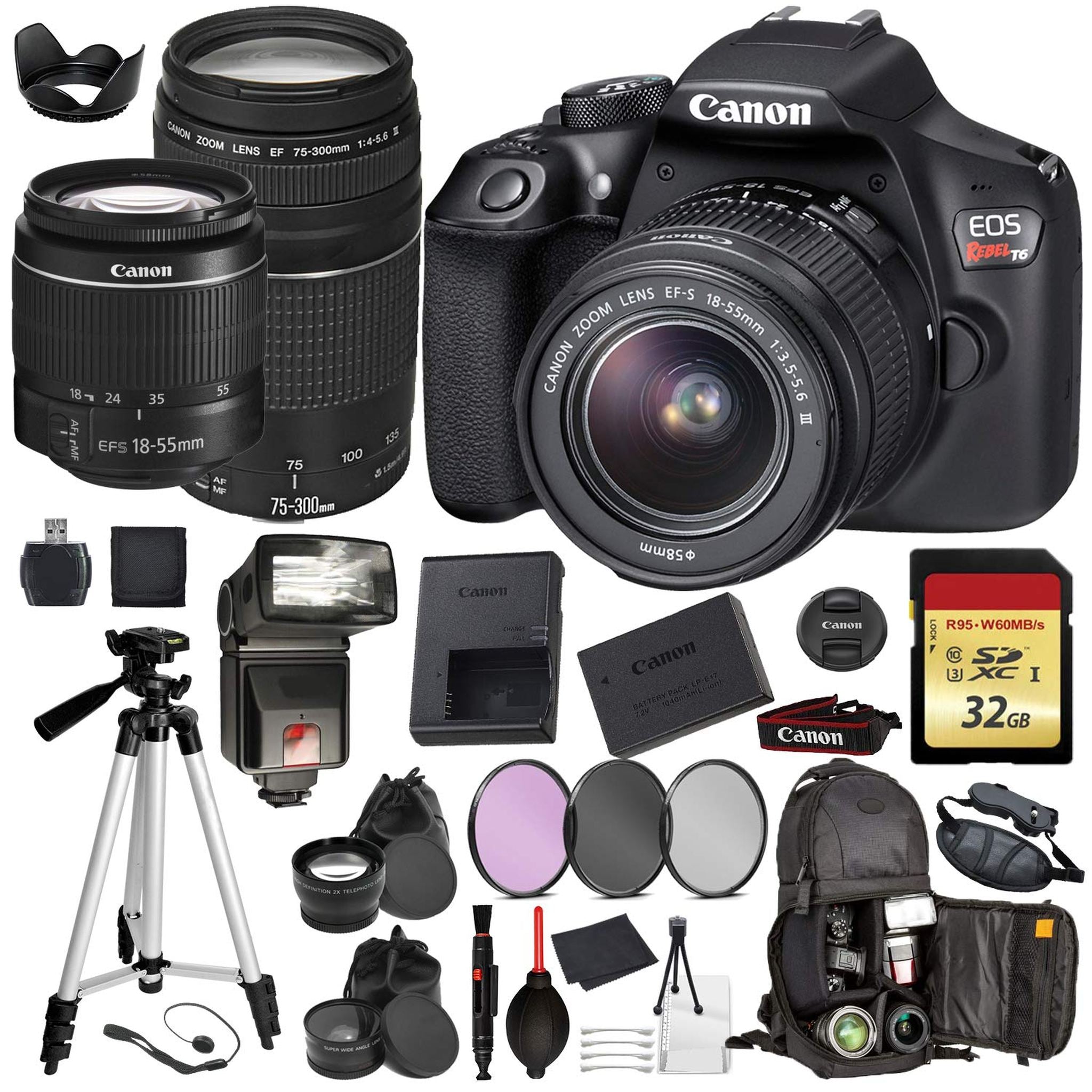 Canon EOS Rebel T6 Digital SLR Camera with EF-S 18-55mm + EF 75-300mm Black Professional Accessory Bundle Package Deal Canon