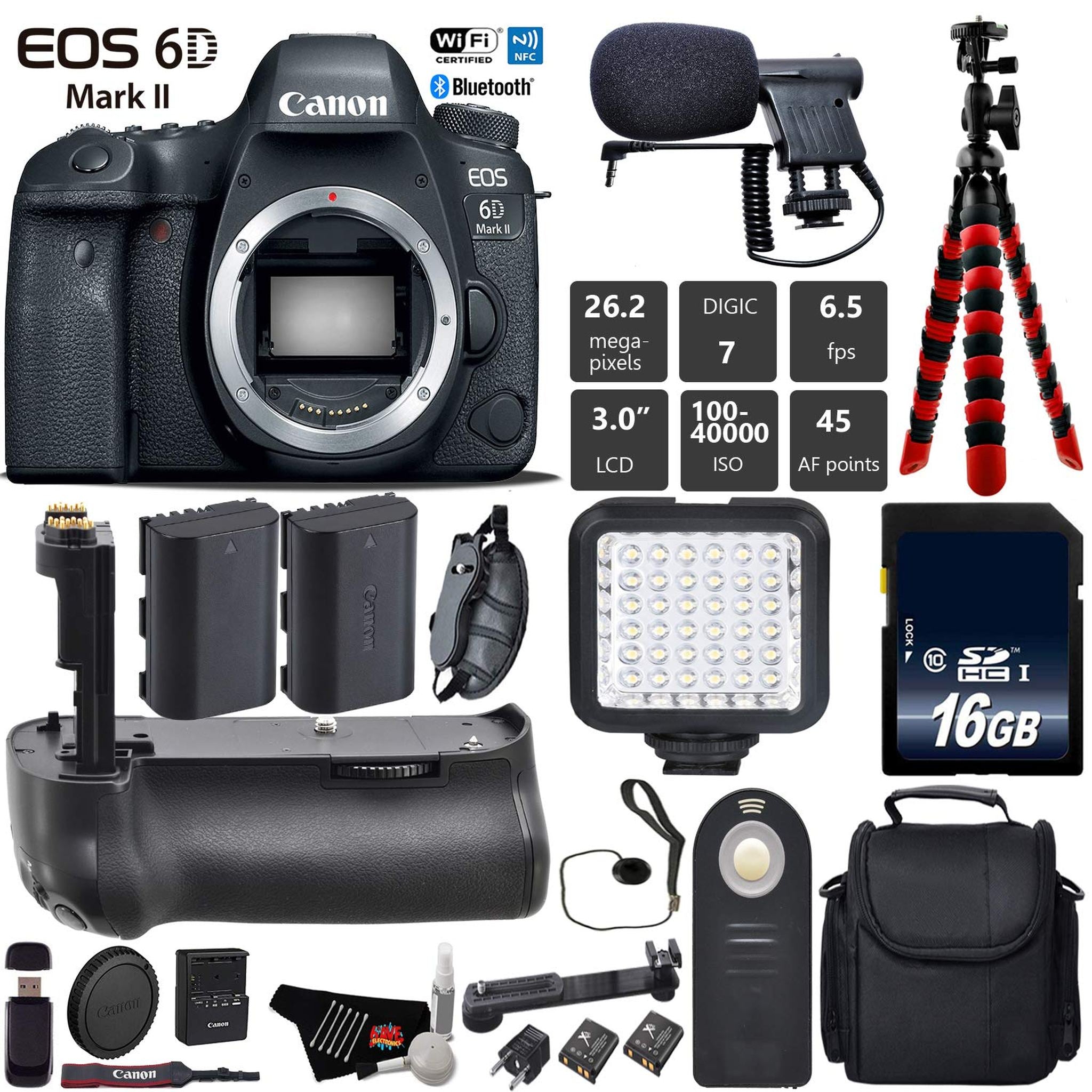 Canon EOS 6D Mark II DSLR Camera Body Only + Professional Battery Grip + Condenser Microphone + LED Kit + Extra Battery Base Bundle Canon