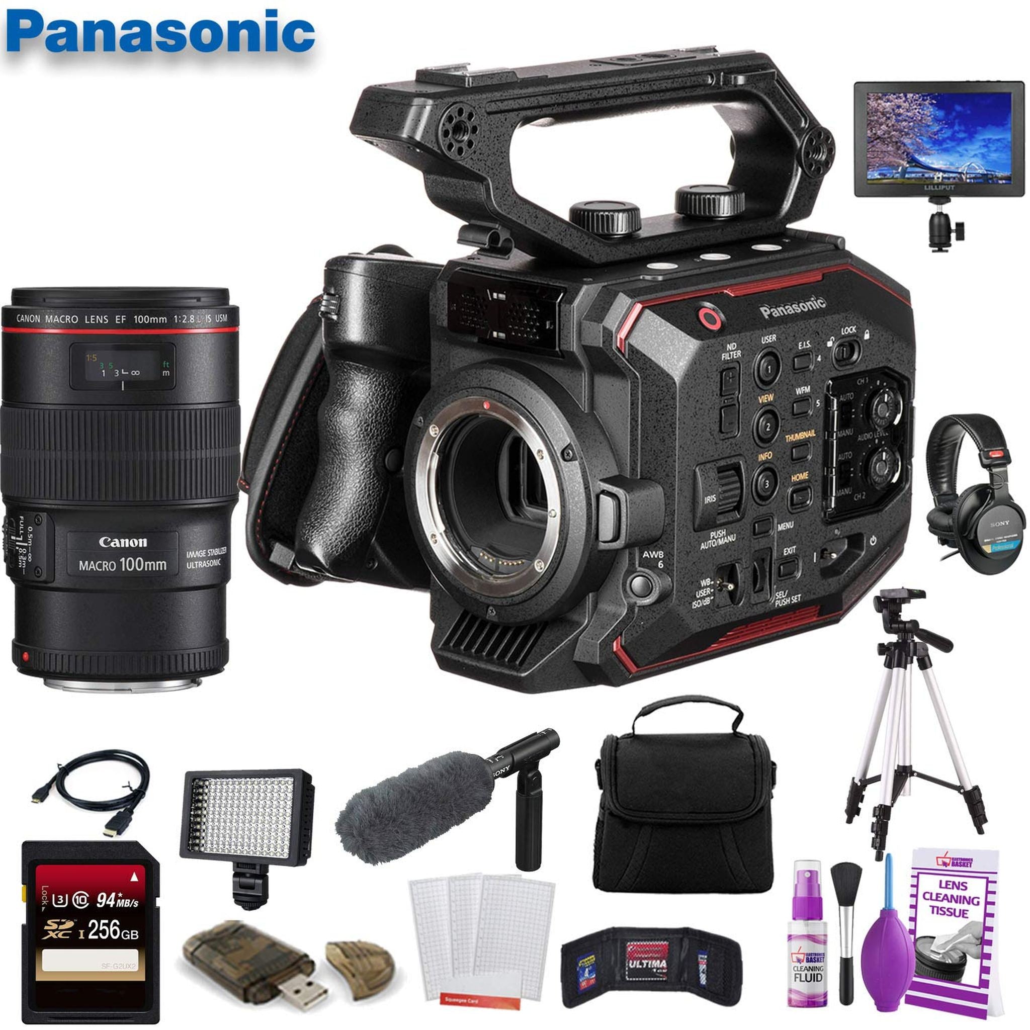 Panasonic AU-EVA1 Compact 5.7K Super 35mm Cinema Camera AU-EVA1PJ W/ Canon EF 100mm f/2.8L Lens , 256GB Memory Card, Bag, Tripod Bundle Panasonic